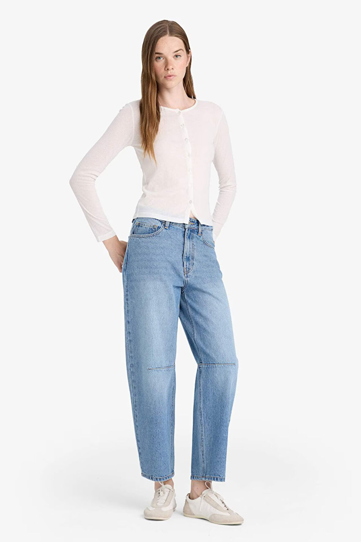 Barrel Fit Normal Bel Düz Paça Bilek Boy Jean Kar Yıkamalı Pantolon