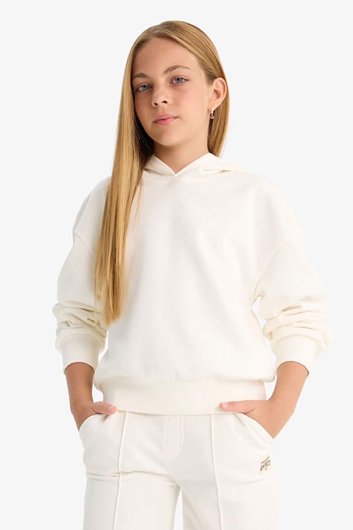 Kız Çocuk Relax Fit Kapüşonlu Basic Düz Sweatshirt