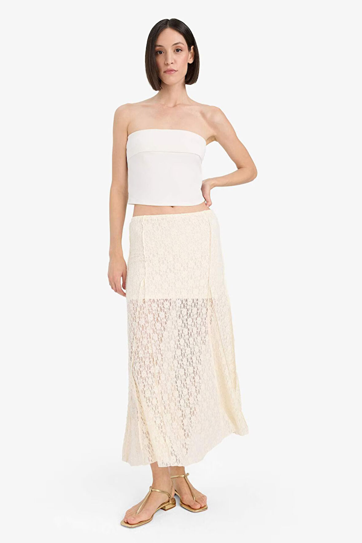 	Beli Lastikli Yarım Astar Dantel Midi Etek
