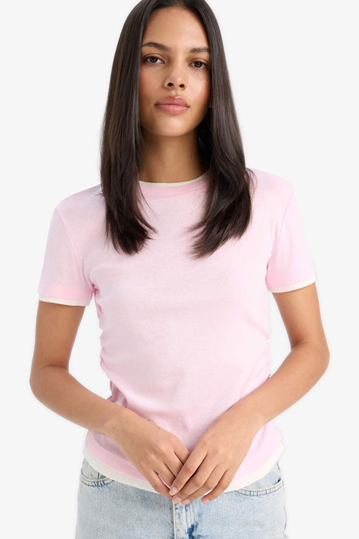 Slim Fit Dar Kesim Bisiklet Yaka Ribana Kısa Kollu Tişört