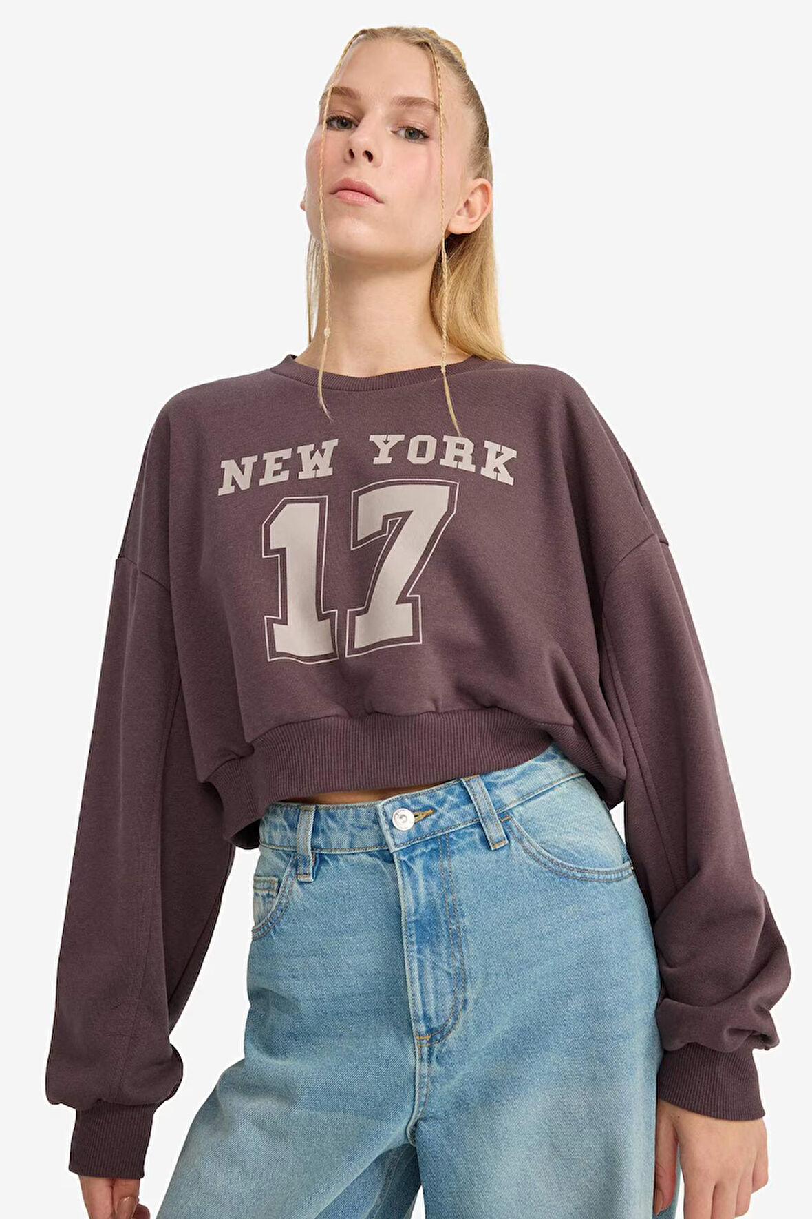 Coool Crop Bisiklet Yaka Baskılı Kalın Sweatshirt