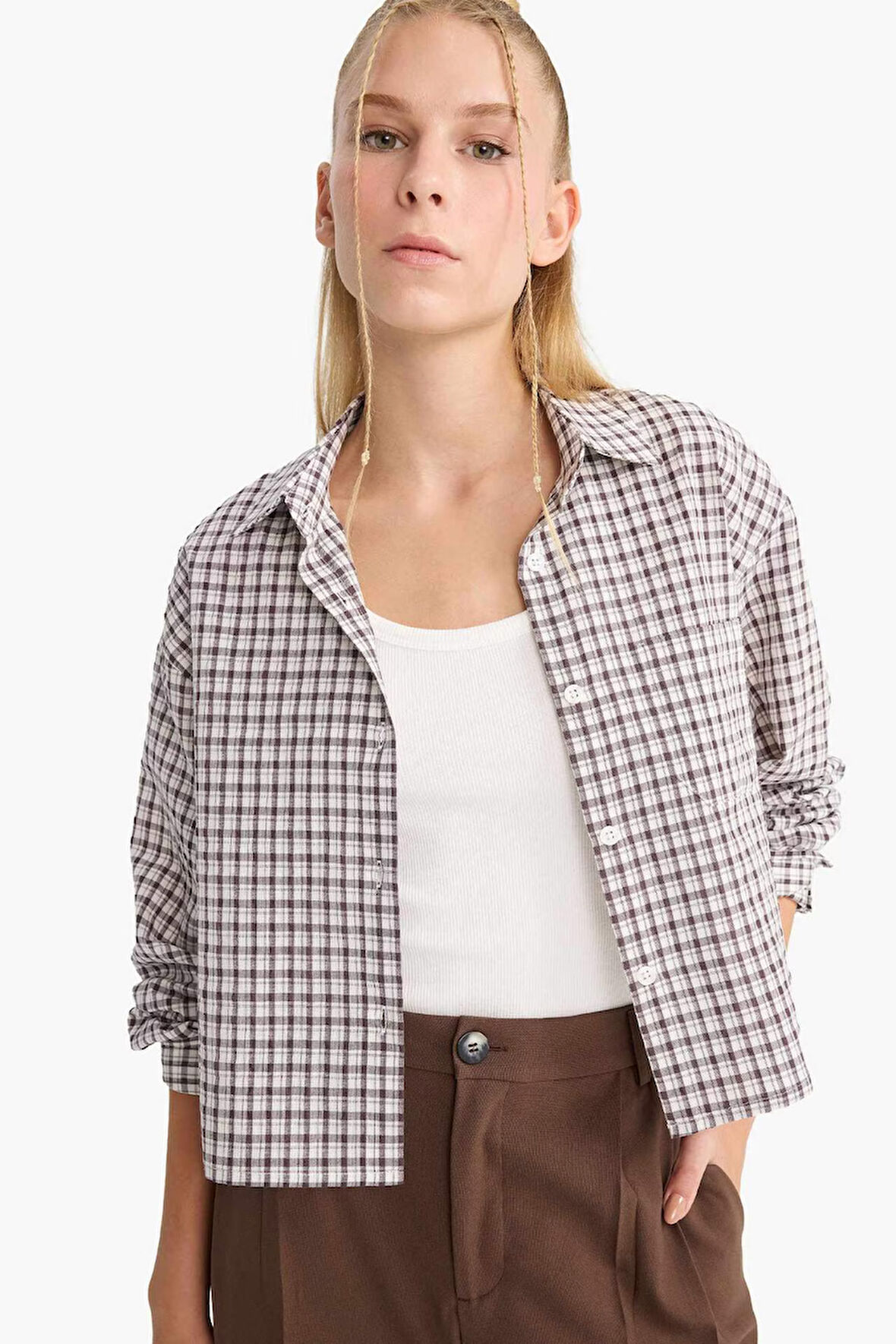 Coool Oversize Geniş Kalıp Crop Kareli Uzun Kollu Gömlek 