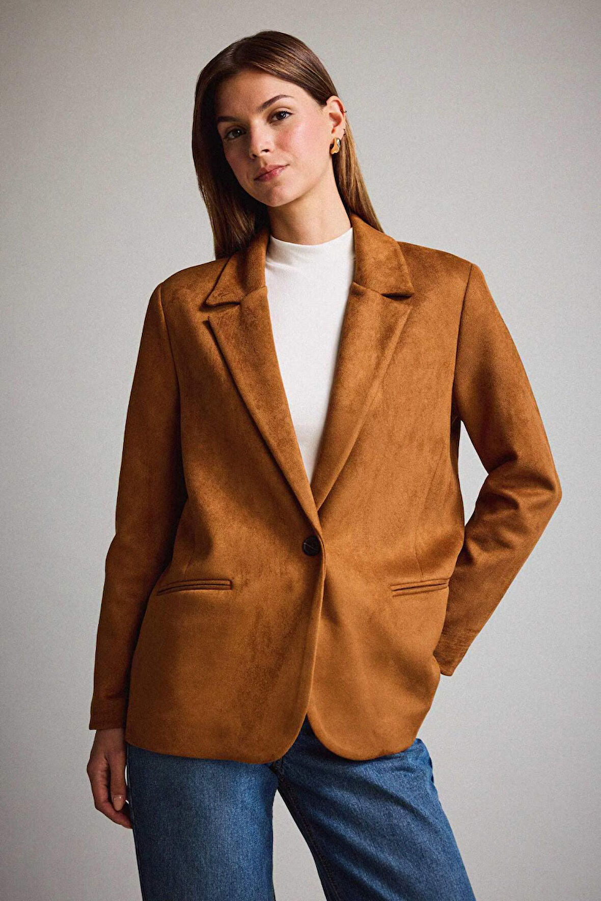 Oversize Geniş Kalıp Ceket Yaka Süet Blazer Ceket