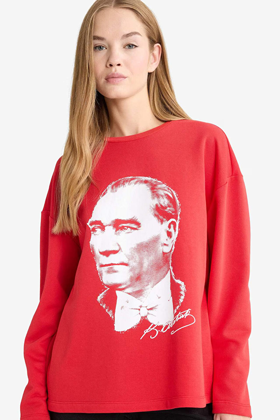 29 Ekim  Cumhuriyet Bayramı Coool Oversize Geniş Kalıp Bisiklet Yaka Atatürk Baskılı Kalın Uzun Kollu Tişört