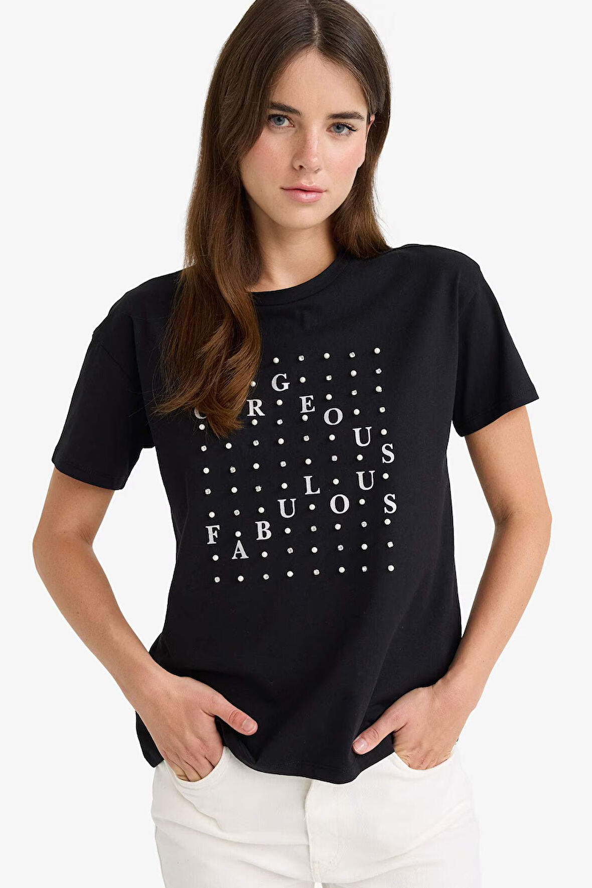 Relax Fit Bisiklet Yaka Baskılı Penye Kısa Kollu Tişört