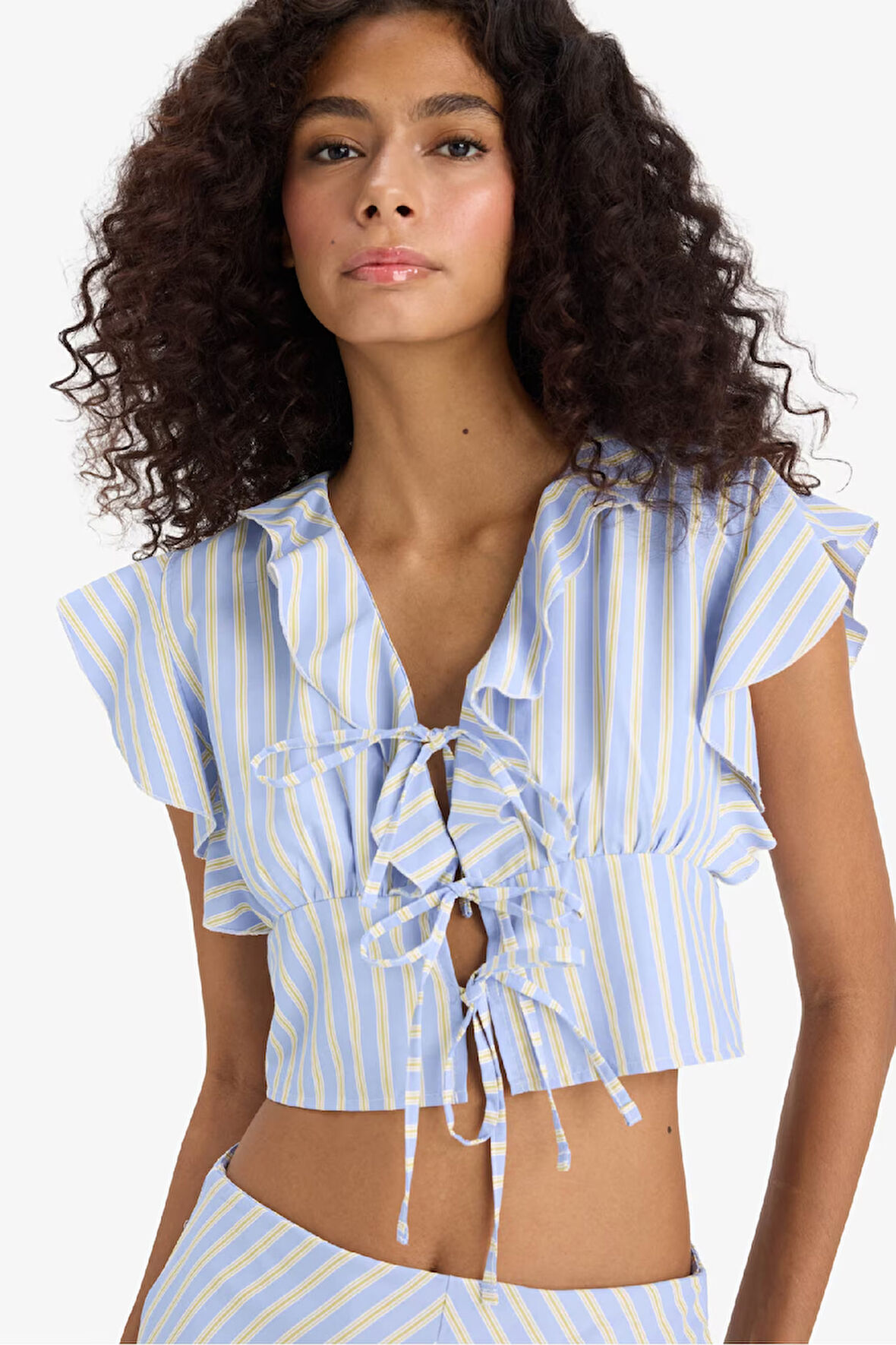 Slim Fit Dar Kesim V Yaka Çizgili Önden Bağlamalı Poplin Kolsuz Bluz