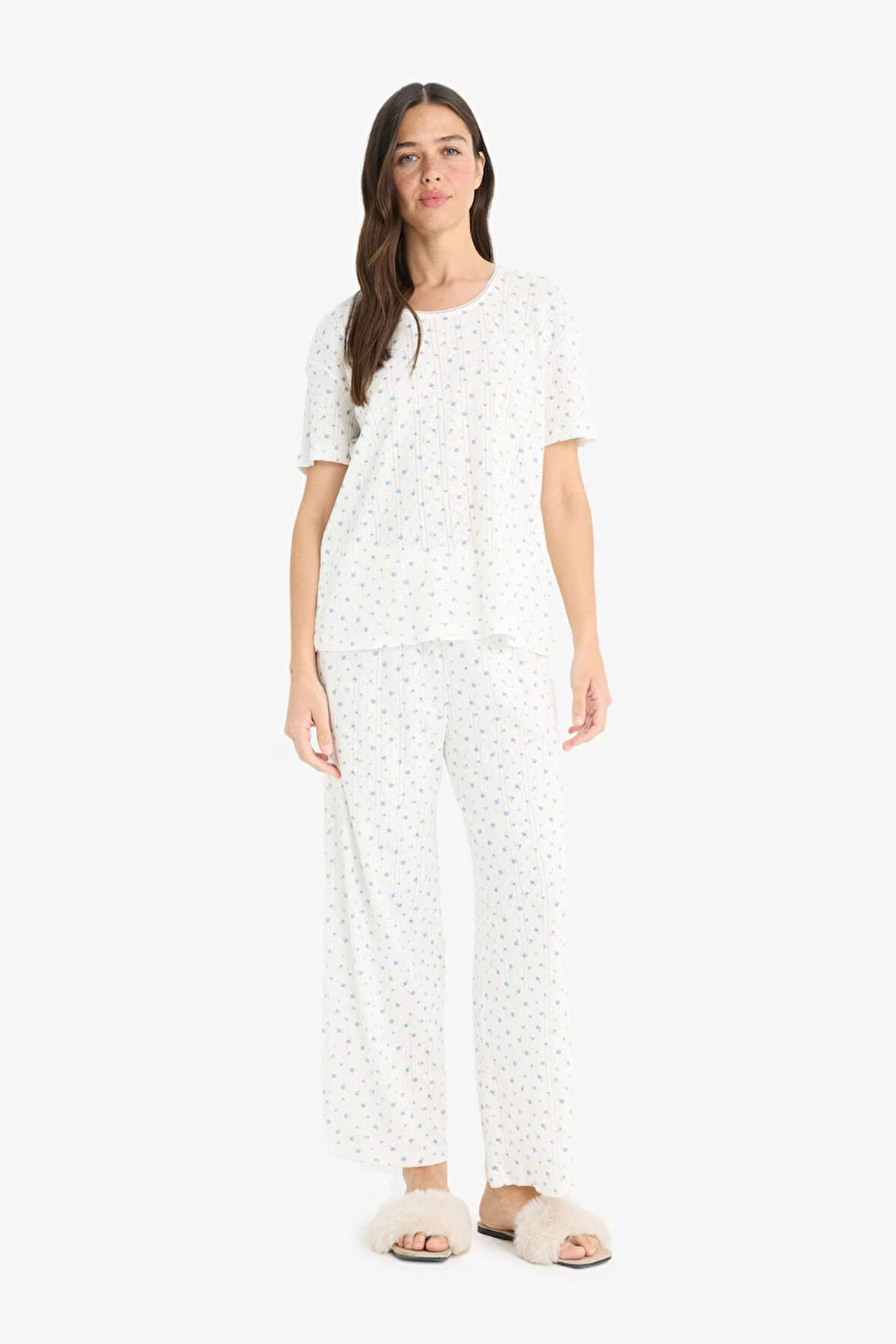 Regular Fit Pijama Takım Kısa Kollu Pijama Üstü Esnek Belli Uzun Pijama Altı-Fall in Love