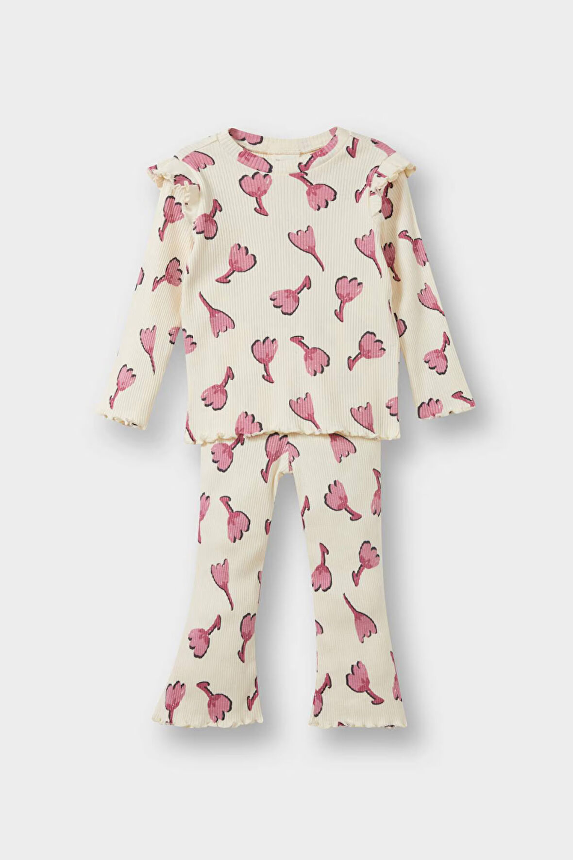 Kız Bebek 2'li Takım Çiçekli Fitilli Kaşkorse Sweatshirt İspanyol Paça Tayt