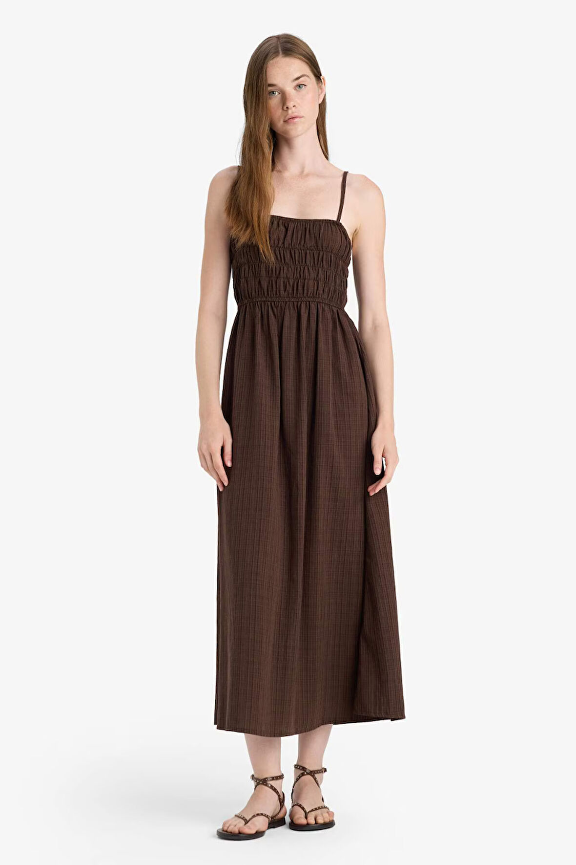 Keten Görünümlü Askılı Maxi Elbise