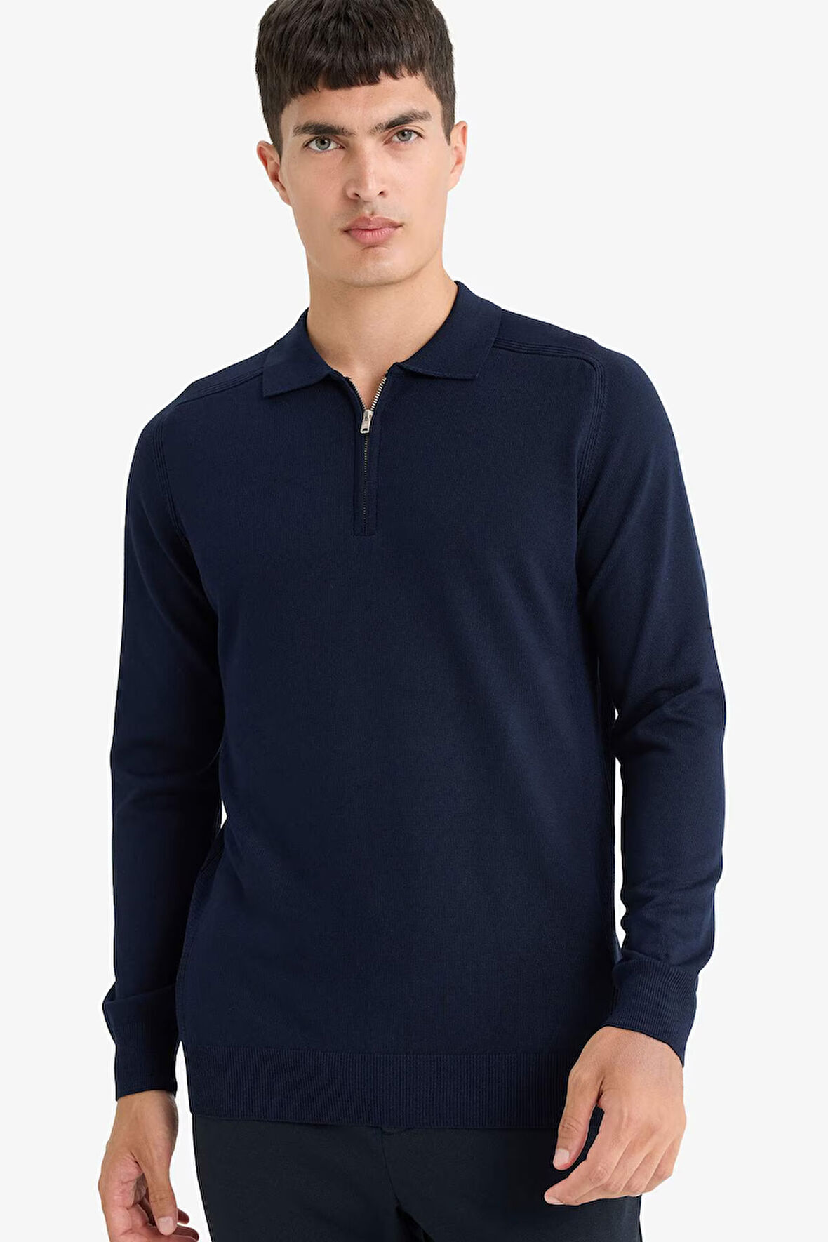 Standart Fit Polo Yaka Yarım Fermuarlı Premium Triko Kazak