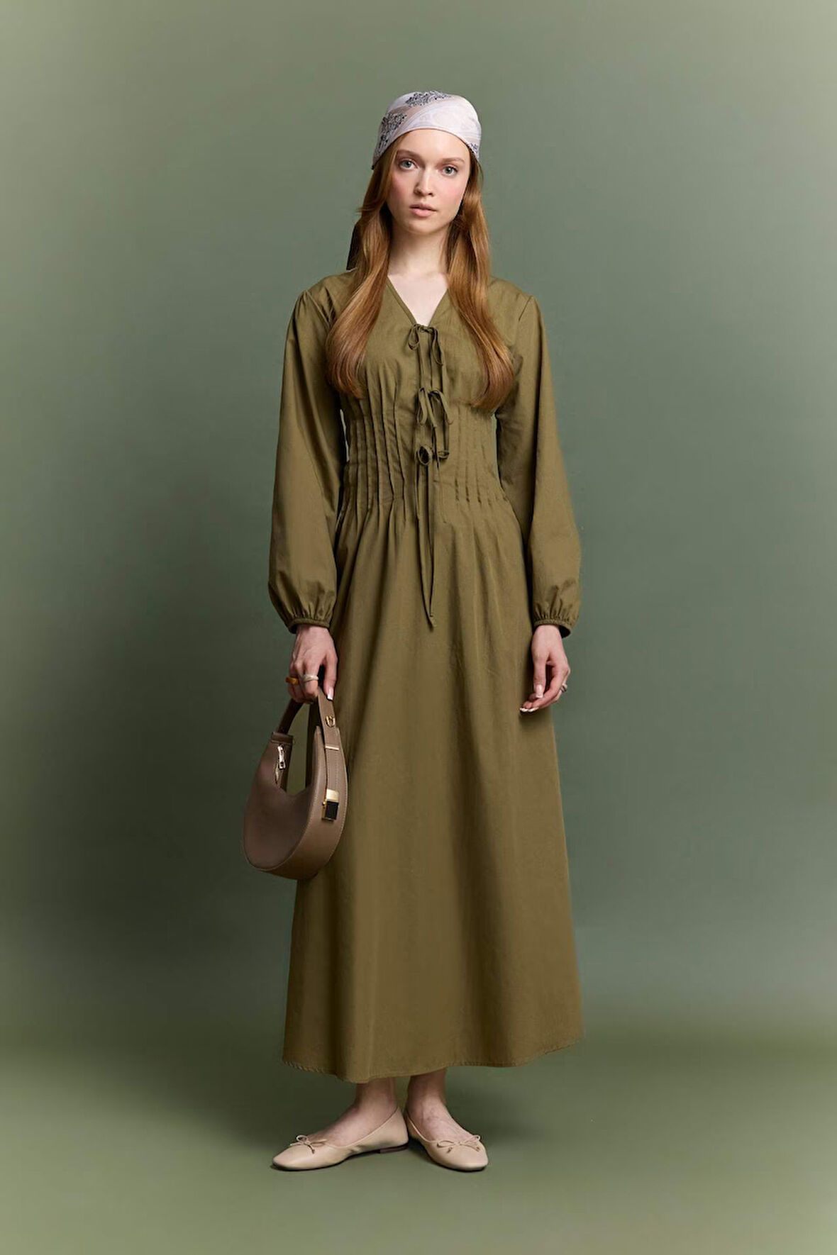 V Yaka Poplin Önden Bağlamalı Uzun KolluMaxi  Elbise