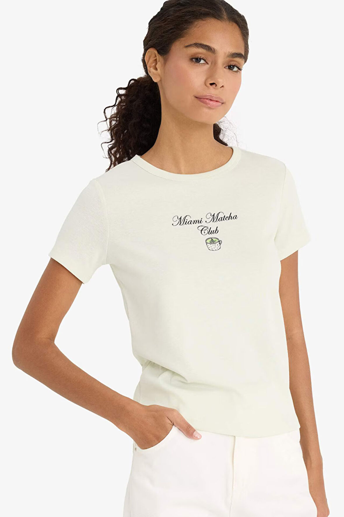 Regular Fit Bisiklet Yaka Baskılı Ribana Kısa Kollu Tişört