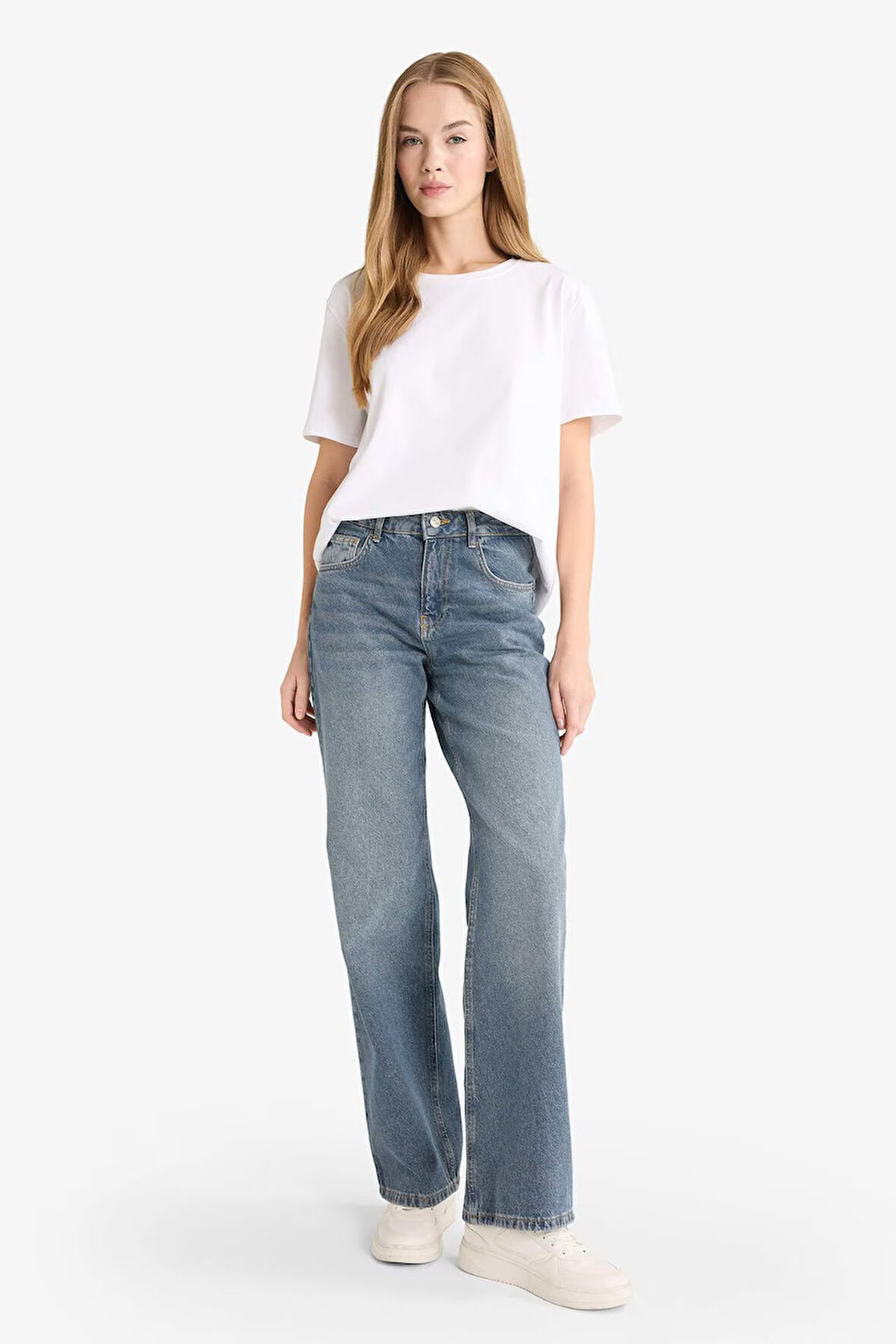 Straight Wide Yüksek Bel Uzun Jean Yıkamalı Pantolon