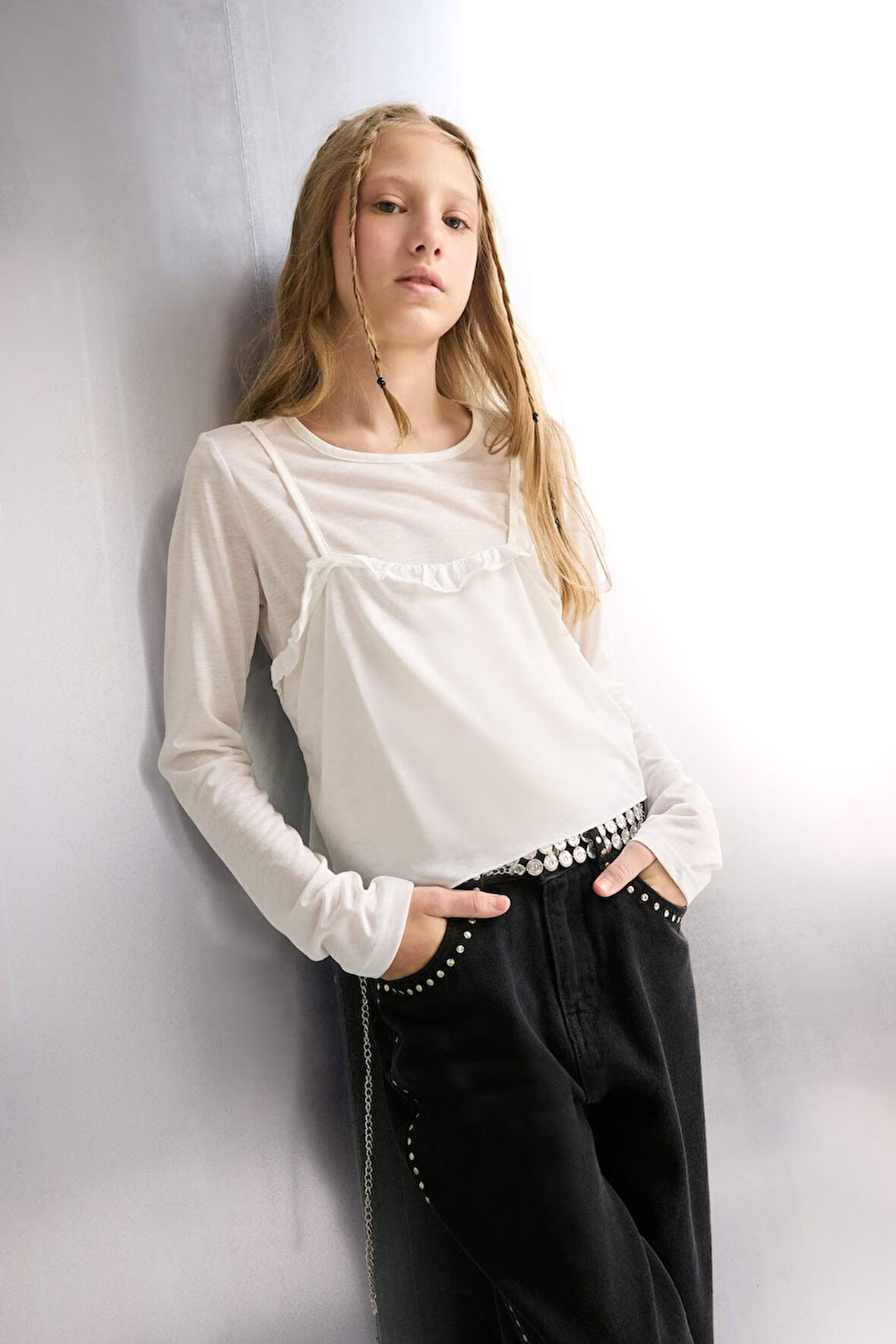 Kız Çocuk Fitted Bisiklet Yaka Uzun Kollu Tişört