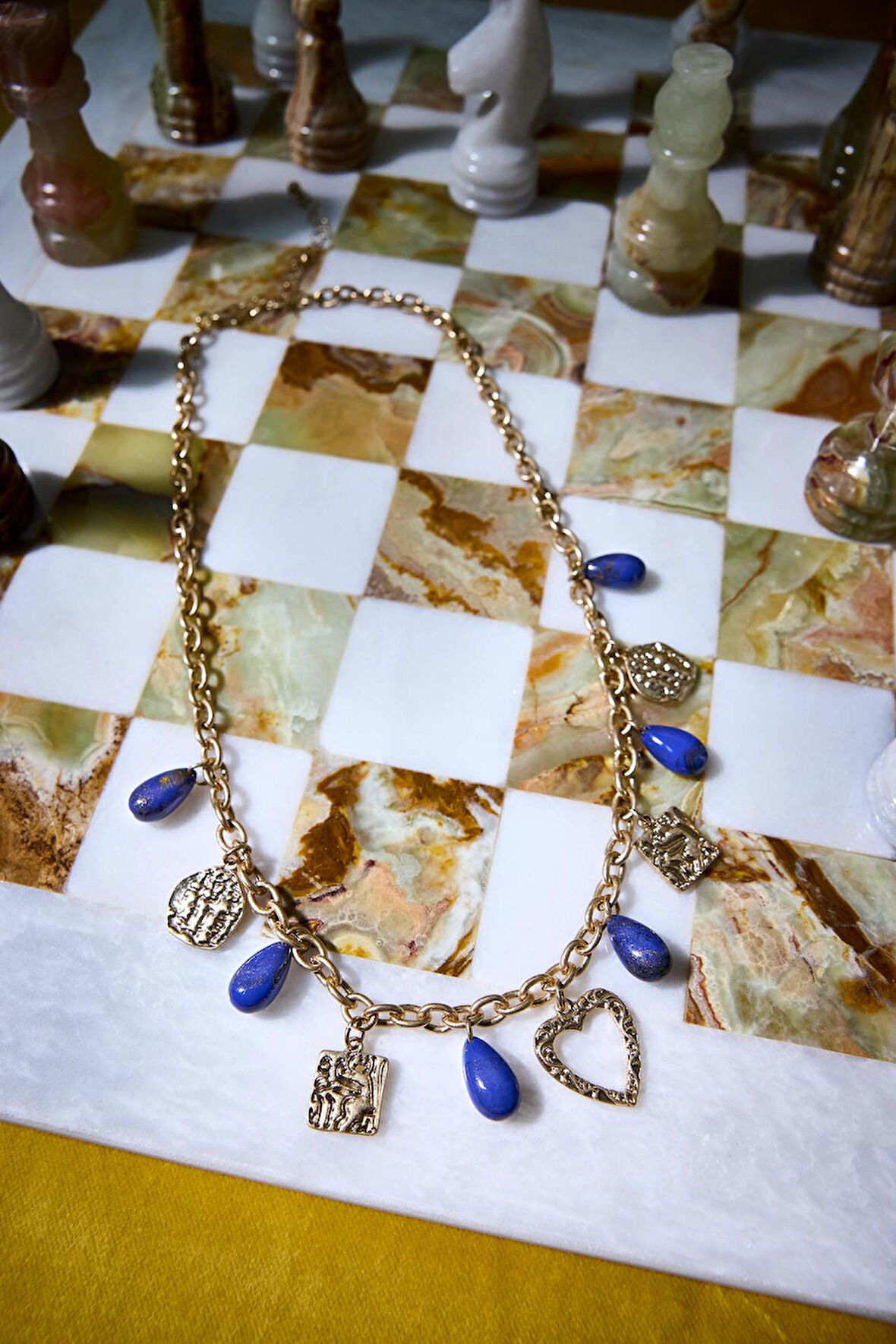 Kadın Mavi Taşlı Kalpli Gold Kolye