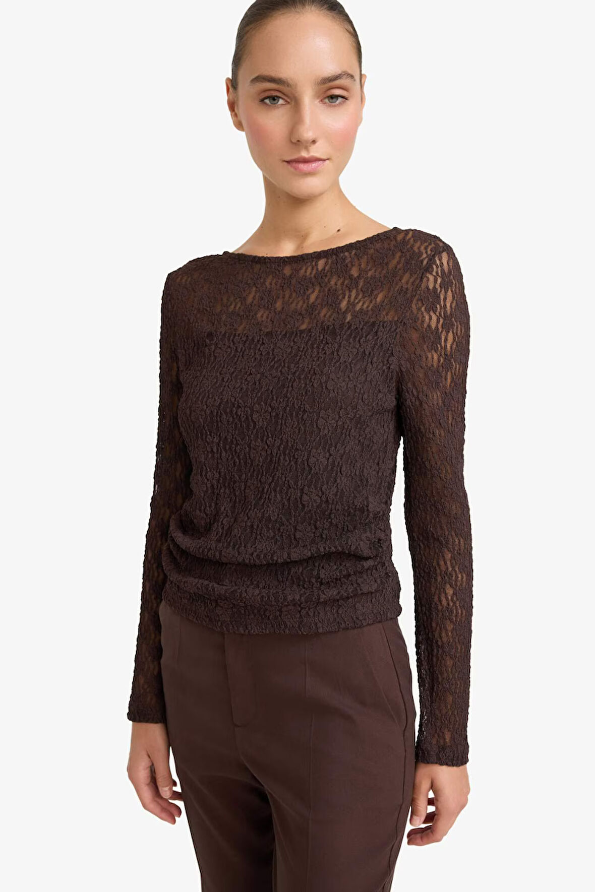 Fitted Kayık Yaka Dantel Uzun Kollu Bluz