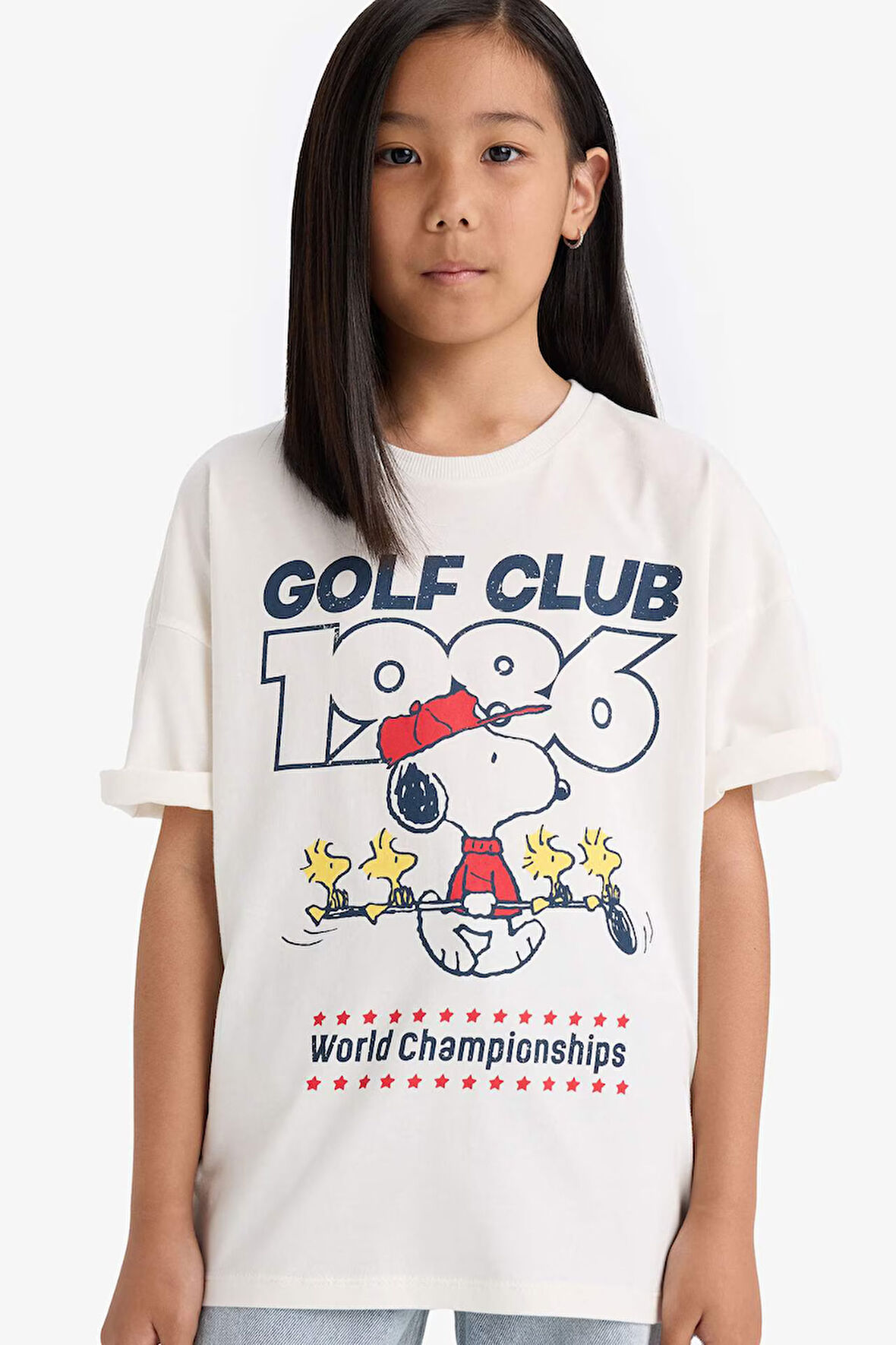 Kız Çocuk Snoopy Oversize Geniş Kalıp Bisiklet Yaka Kısa Kollu Tişört