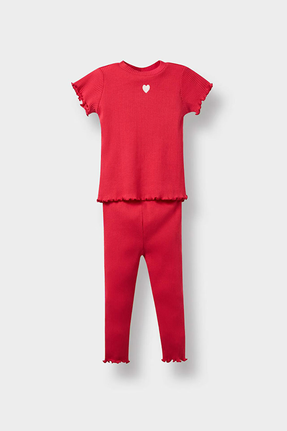 Kız Bebek 2'li Takım Kalpli Fitilli Kaşkorse Kısa Kollu Tişört Tayt