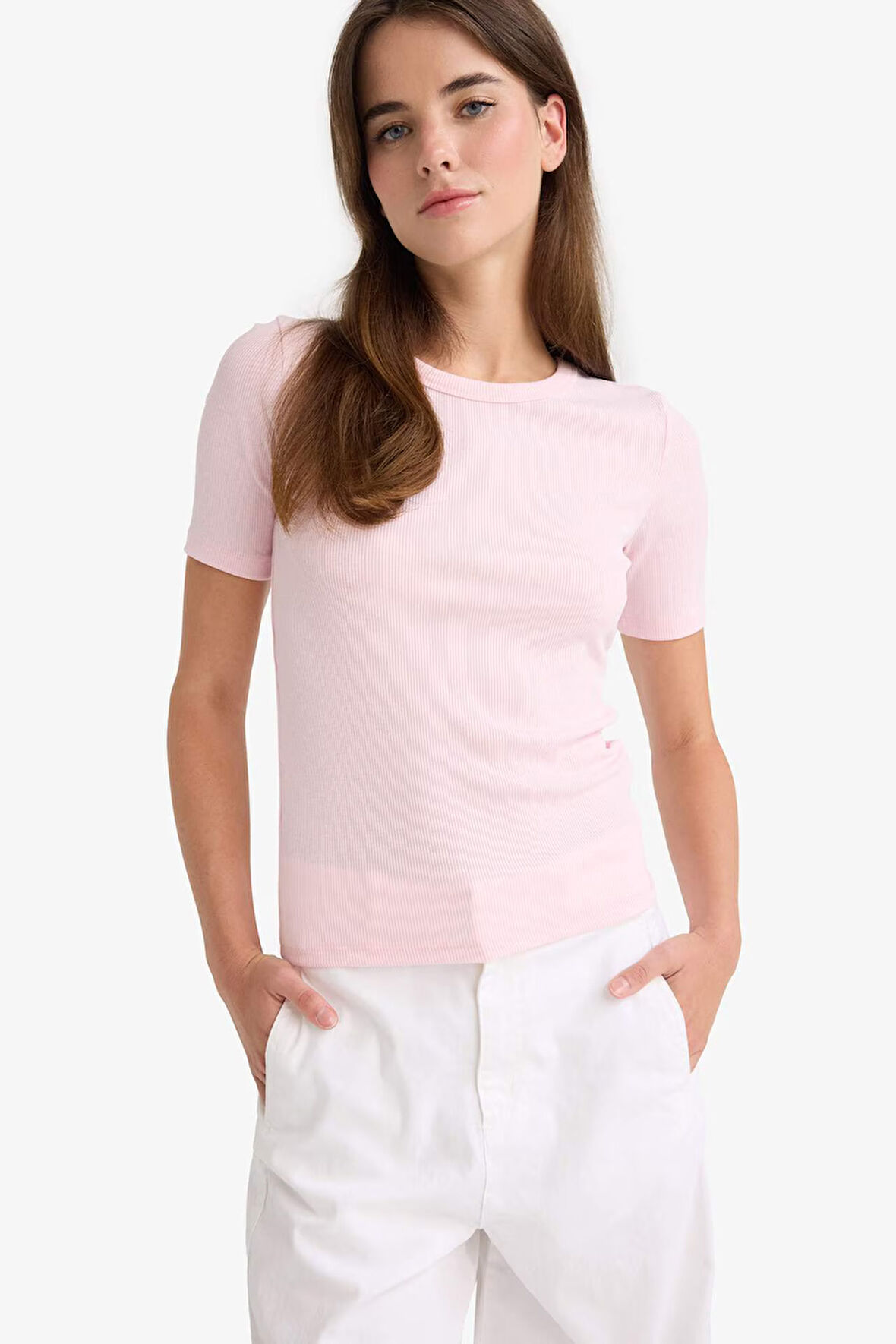 Slim Fit Dar Kesim Bisiklet Yaka Basic Düz Fitilli Kaşkorse Kısa Kollu Tişört