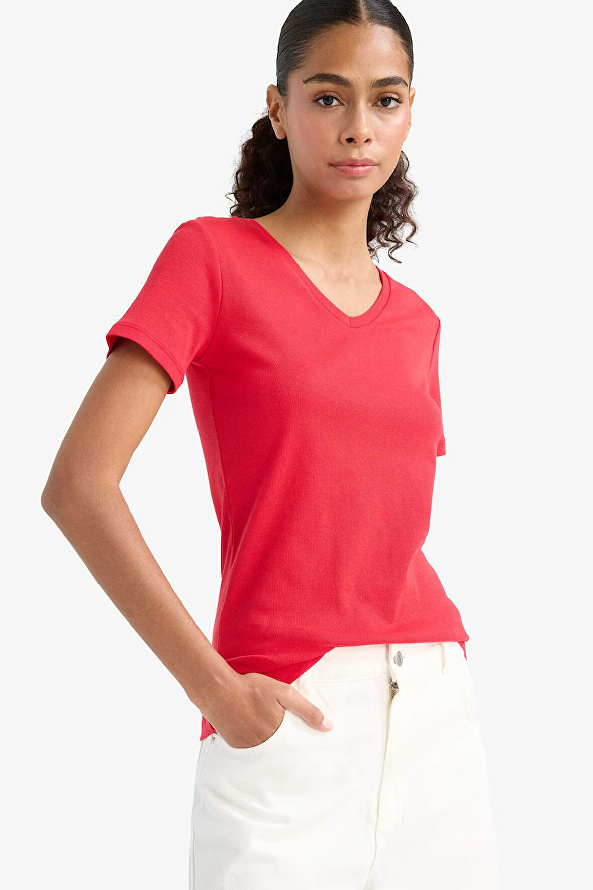 Slim Fit Dar Kesim V Yaka Basic Düz Ribana Kısa Kollu Tişört