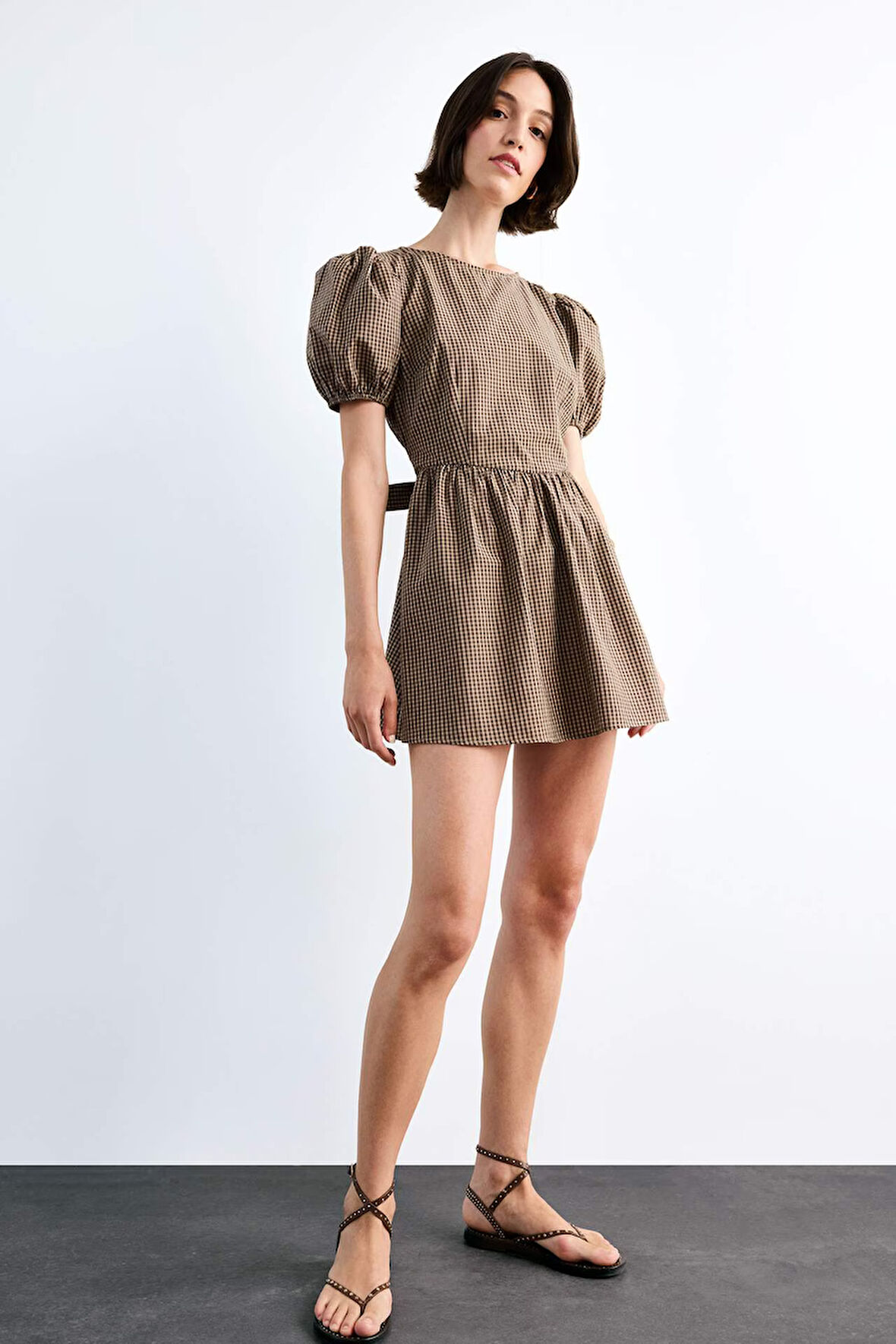 Fitted Kareli Poplin Kısa Kollu Mini Elbise