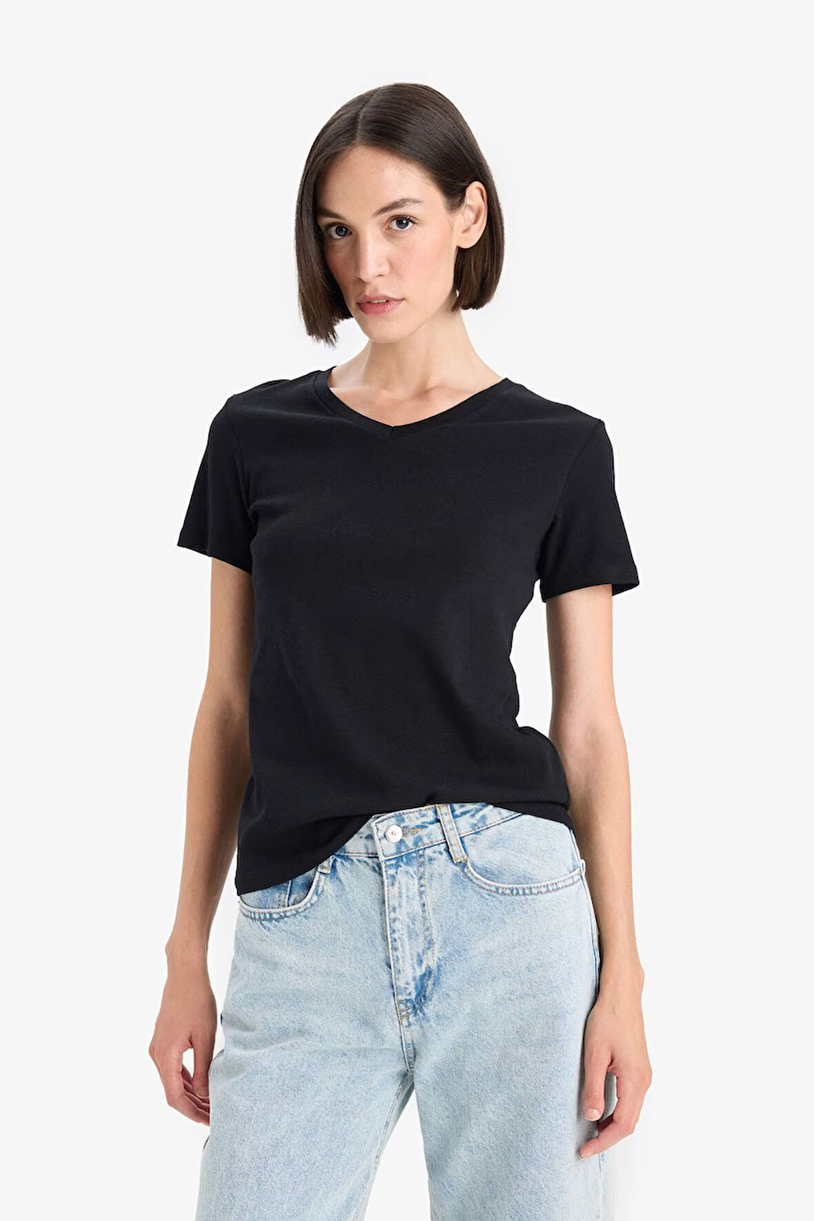 Slim Fit Dar Kesim V Yaka Basic Düz Ribana Kısa Kollu Tişört