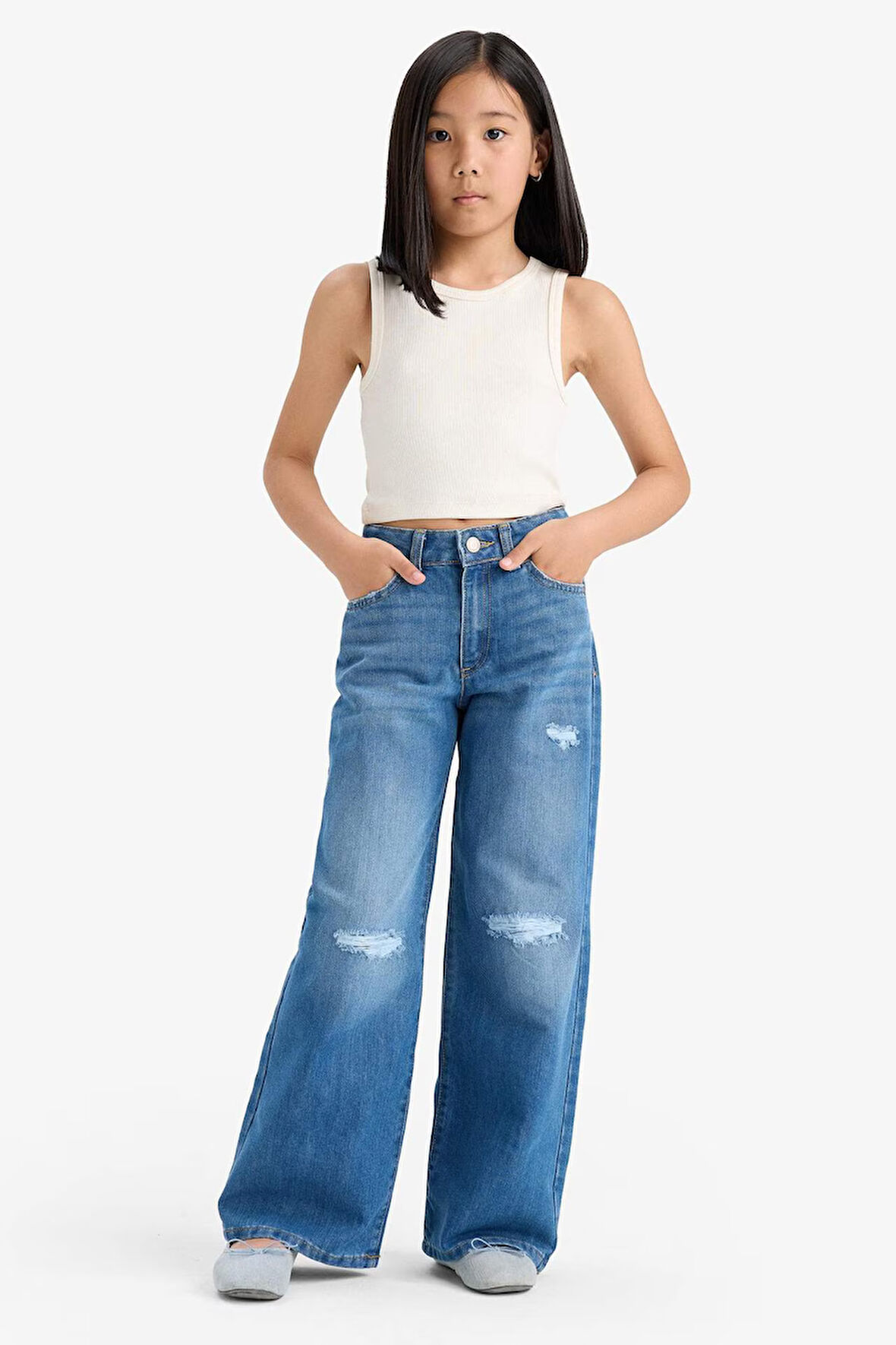 Kız Çocuk Wide Leg Yırtık Detaylı Geniş Paça Jean Pantolon