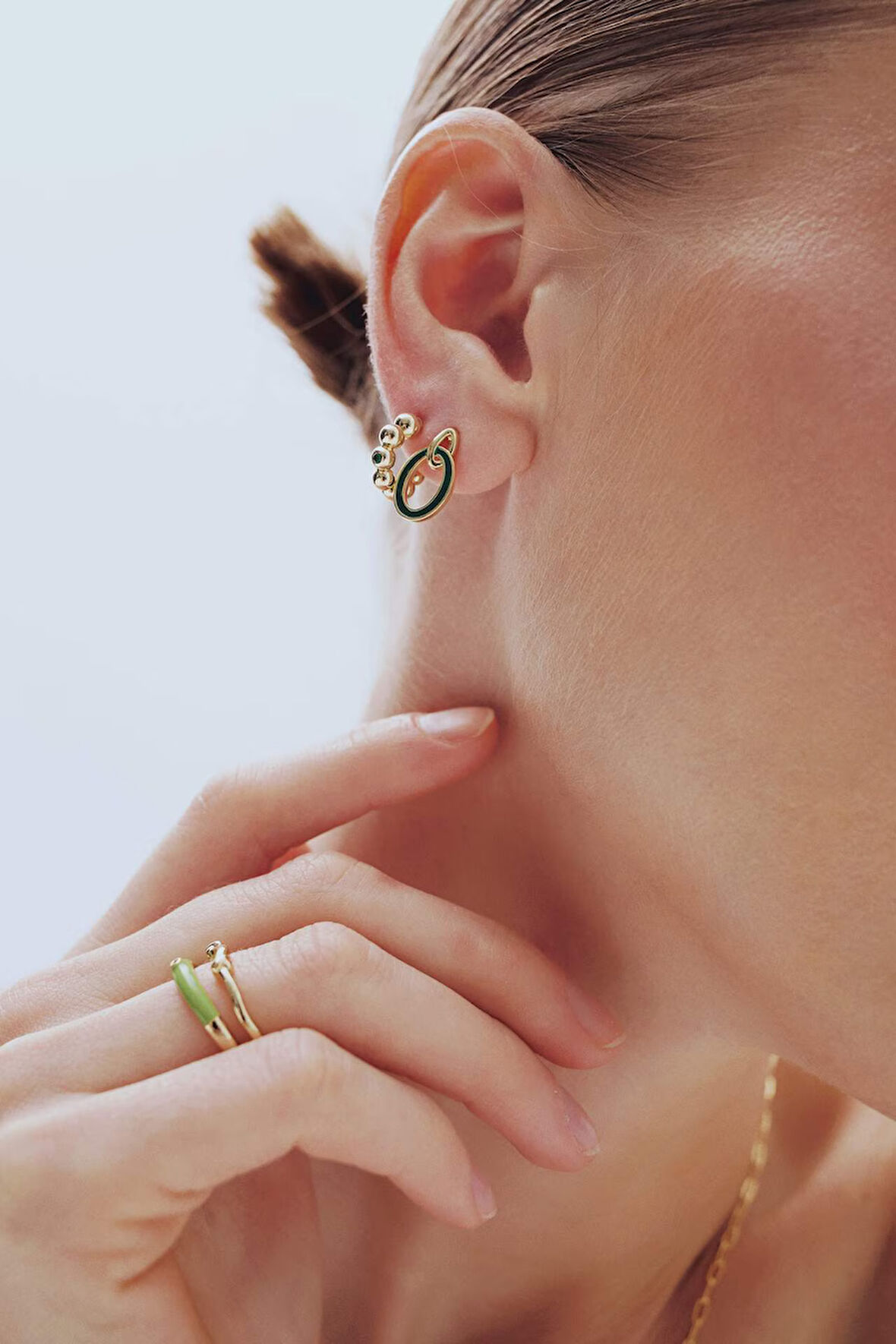 Reis x DeFacto 14 Ayar Altın Kaplama Green Triple Shine Kadın 3'lü Gold ve Yeşil Küpe