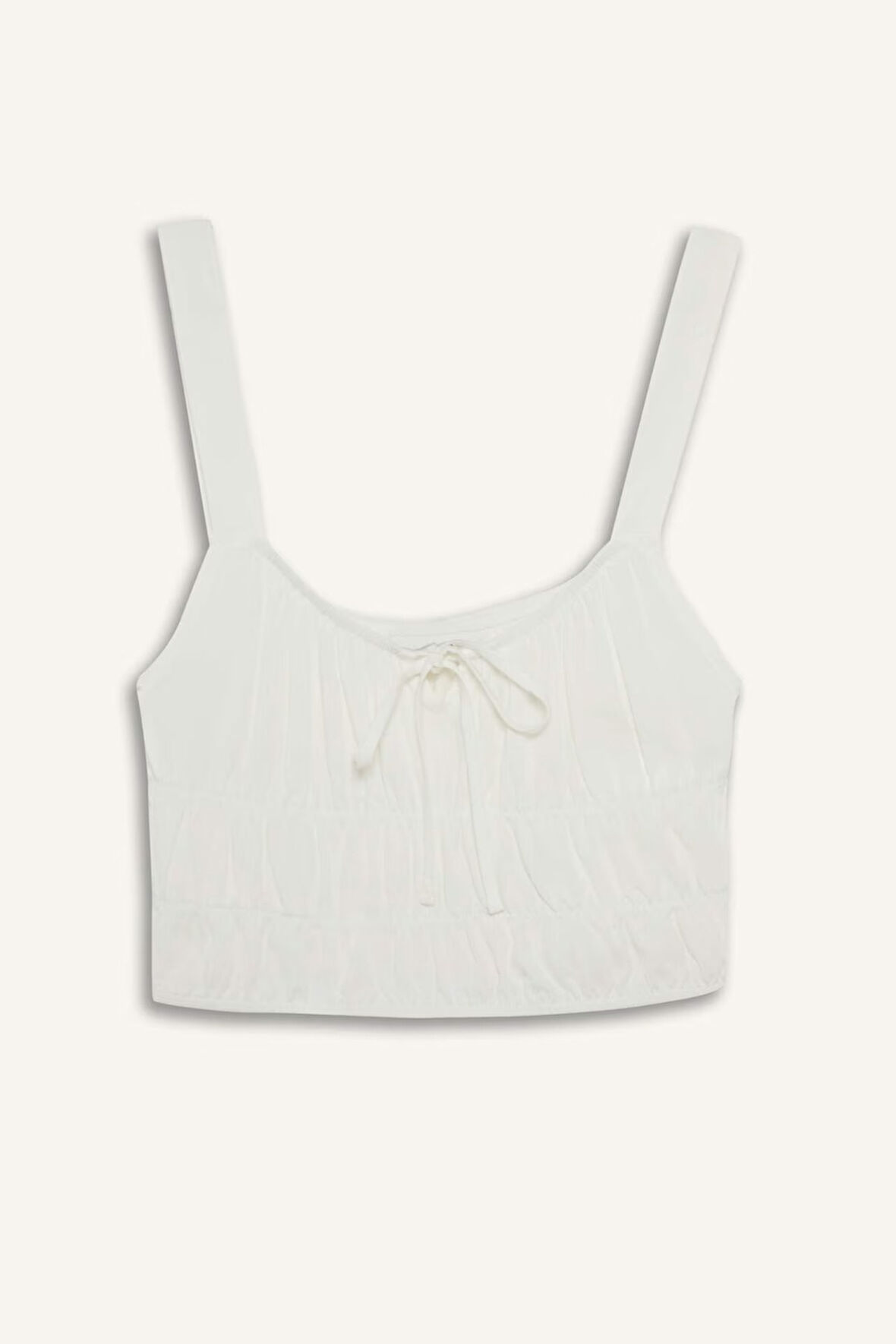 Fitted V Yaka Crop Dokulu Beyaz Askılı Bluz