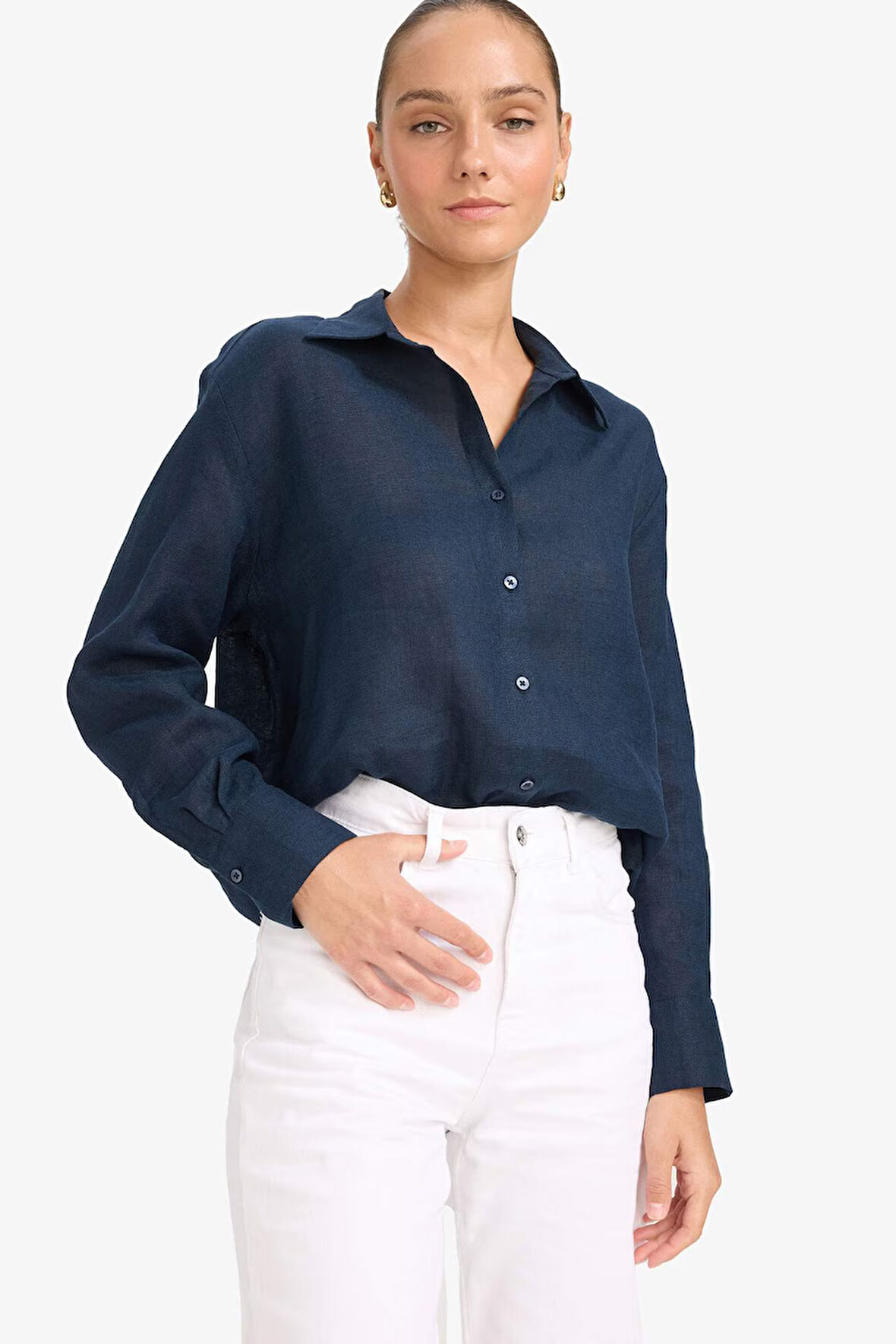 %100 Keten Oversize Geniş Kalıp Basic Düz Pembe Uzun Kollu Gömlek