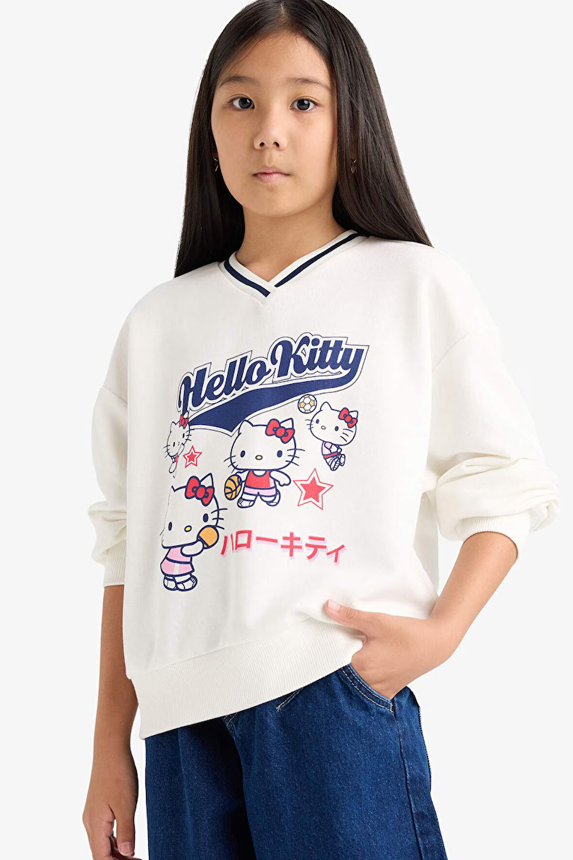 Kız Çocuk Hello Kitty Oversize Geniş Kalıp V Yaka Sweatshirt