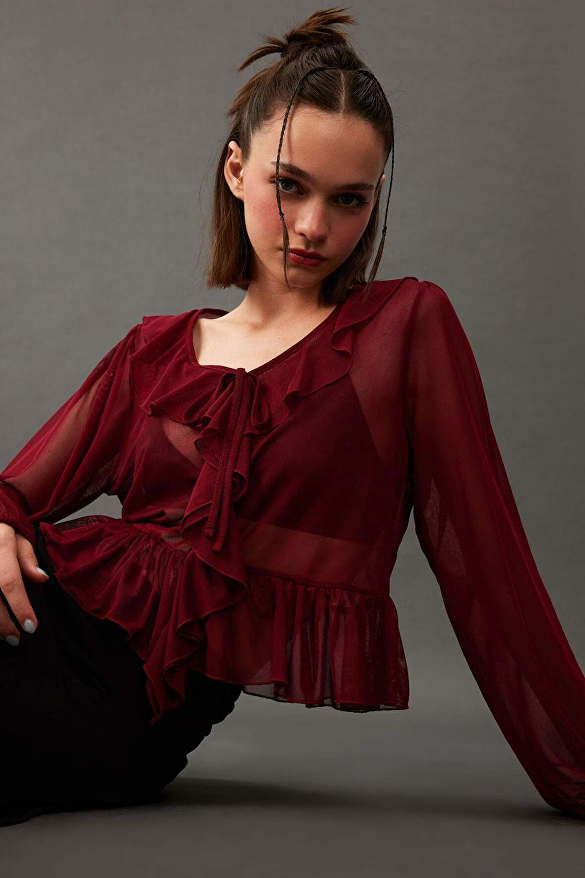 V Yaka Şifon Uzun Kollu Tişört