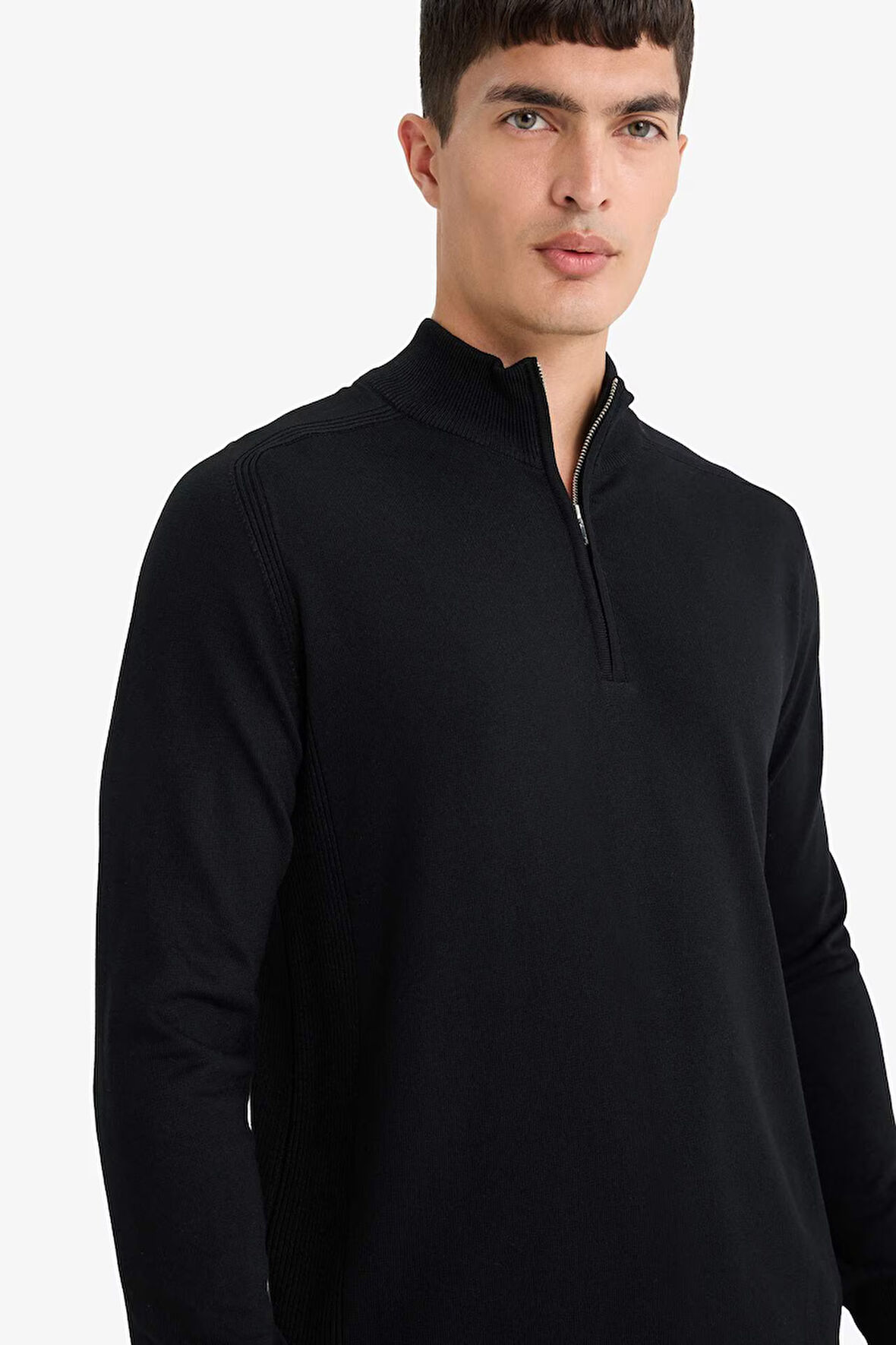 Standart Fit Dik Yaka Yarım Fermuarlı Triko Kazak