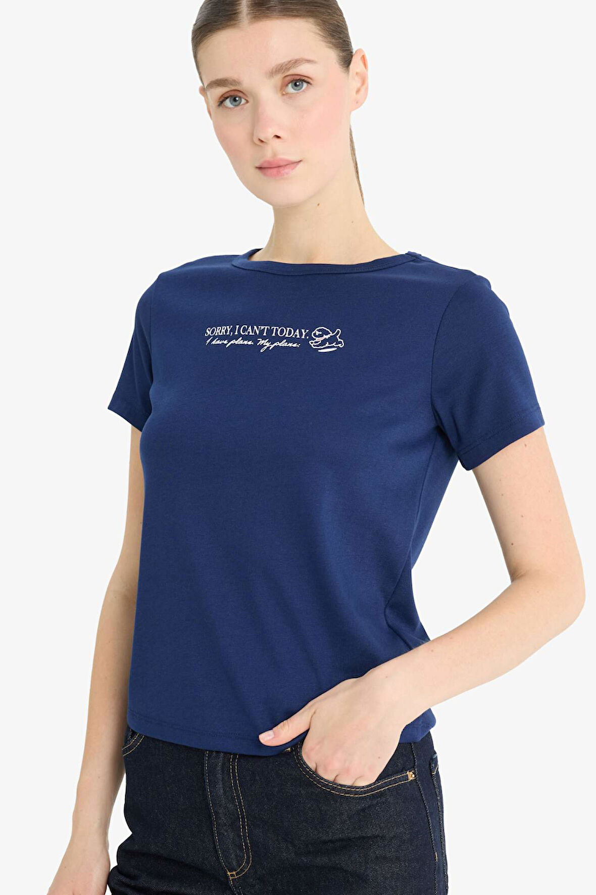 DeFacto Regular Fit Bisiklet Yaka Baskılı Ribana Kısa Kollu Tişört F5101AX25SMNV42