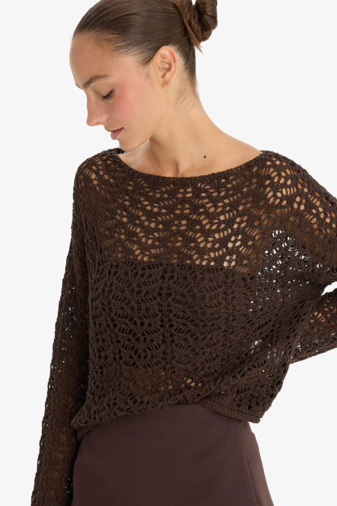 Regular Fit Kayık Yaka Ajurlu Kazak