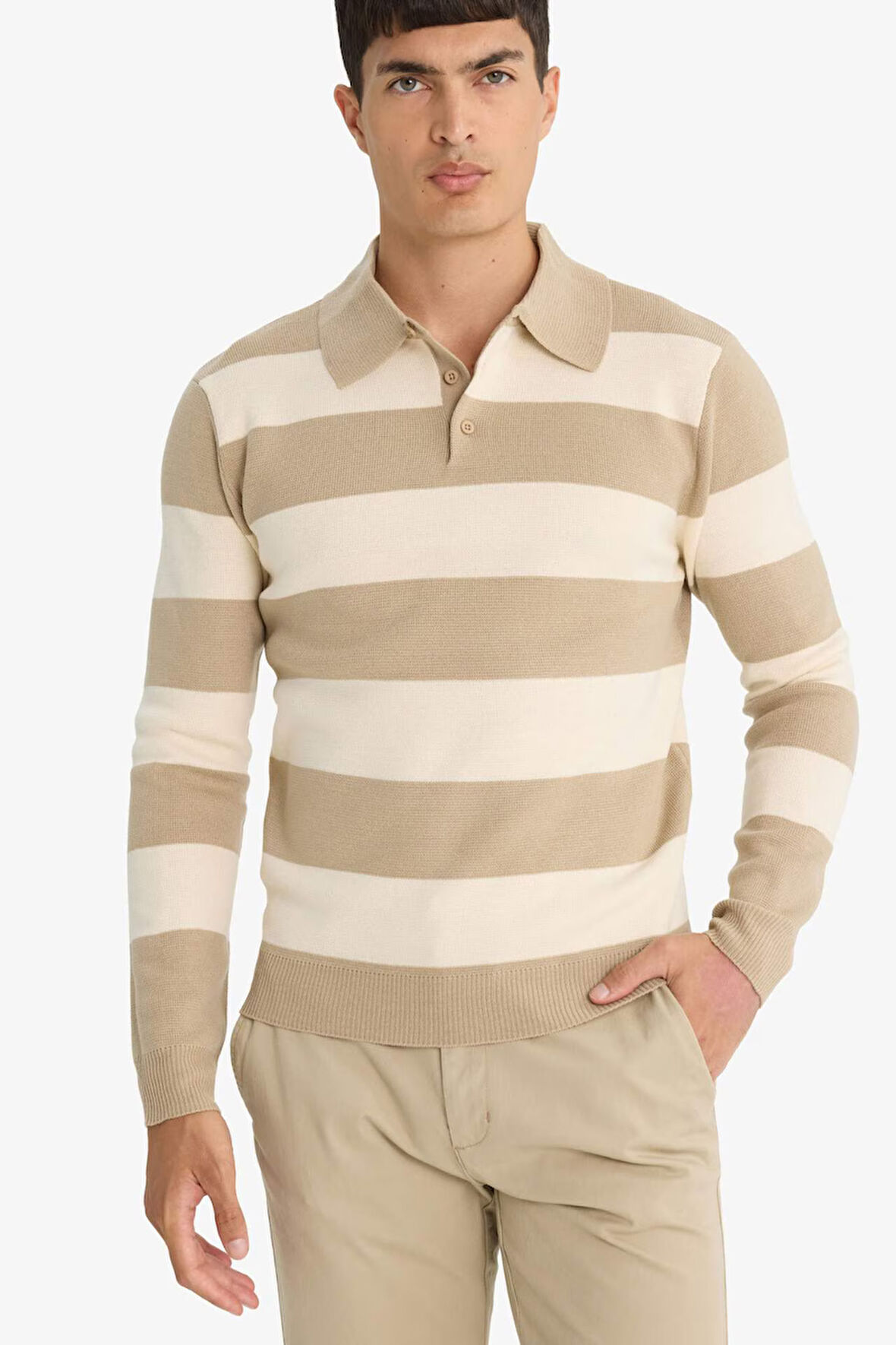 Standart Fit Polo Yaka Düğmeli Renk Bloklu Triko Kazak