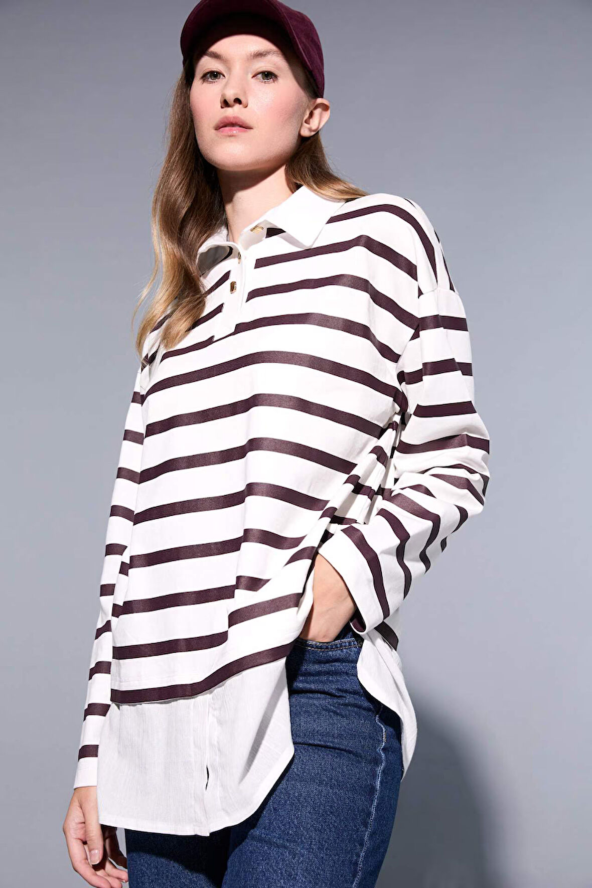 Regular Fit Polo Yaka Çizgili Uzun Kollu Tunik