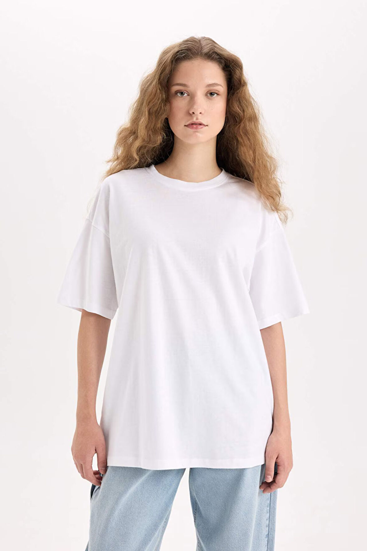 Oversize Geniş Kalıp Basic Düz Bisiklet Yaka Kısa Kollu Tişört