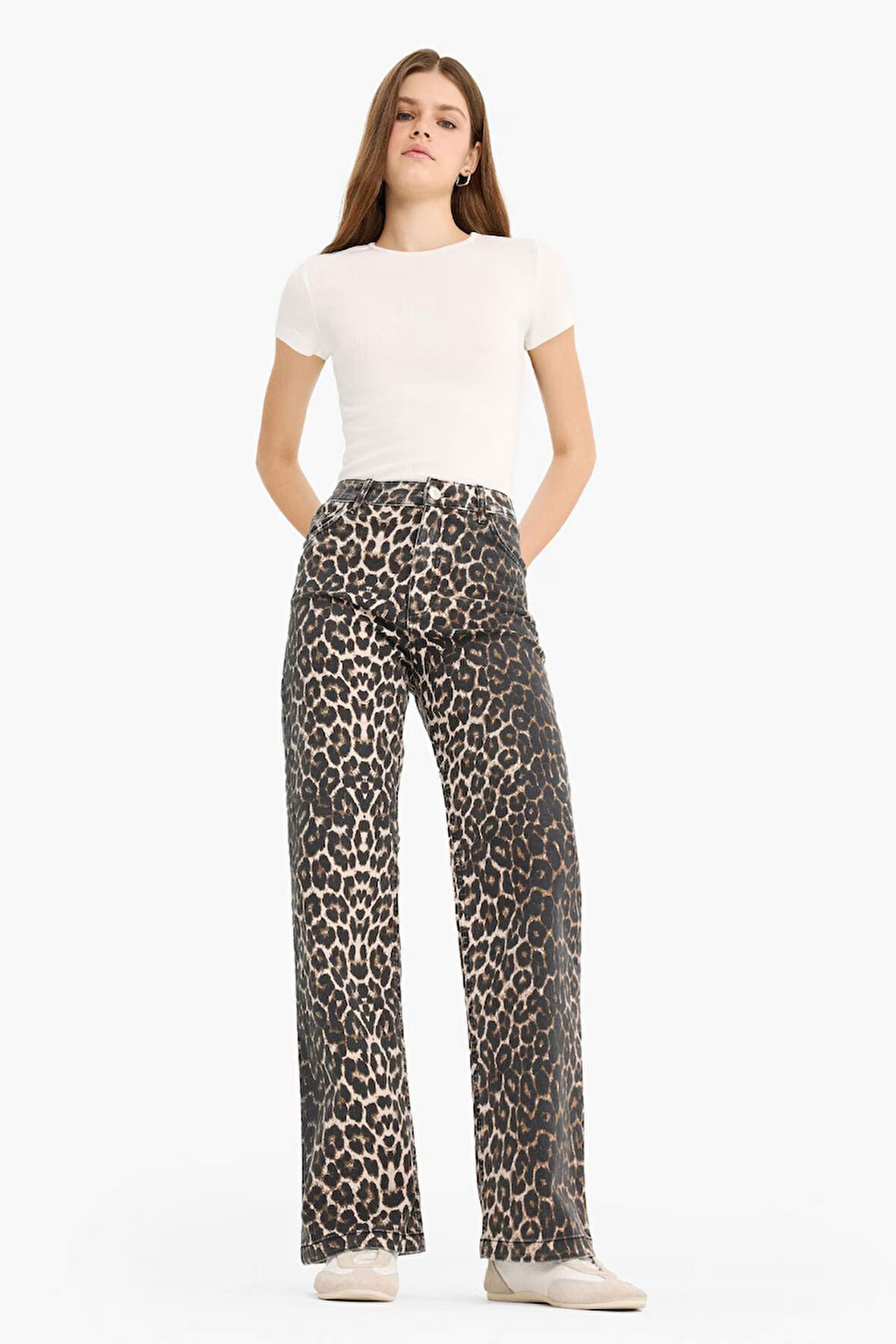 Straight Fit Yüksek Bel Leopar Desenli Uzun Boy Gabardin Pantolon
