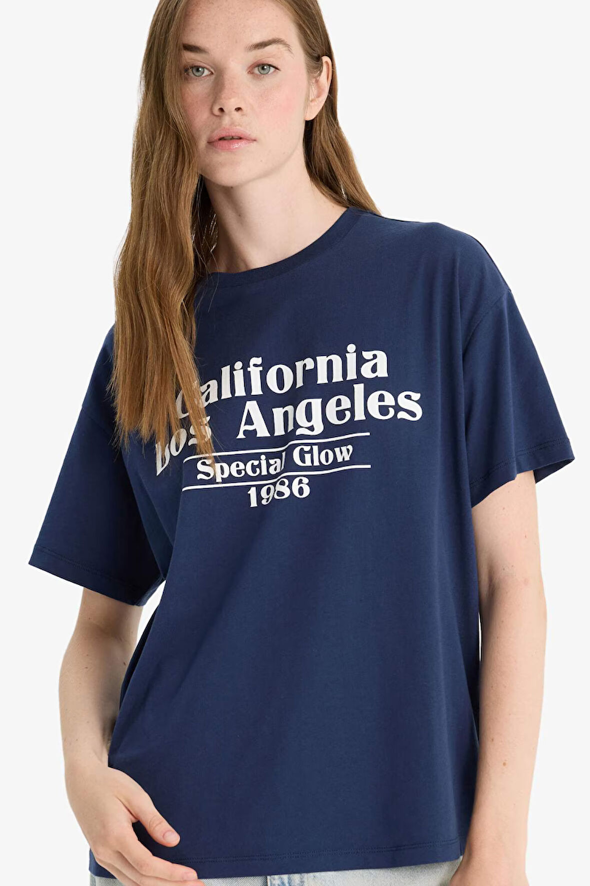 Oversize Geniş Kalıp Bisiklet Yaka Baskılı Kısa Kollu Tişört