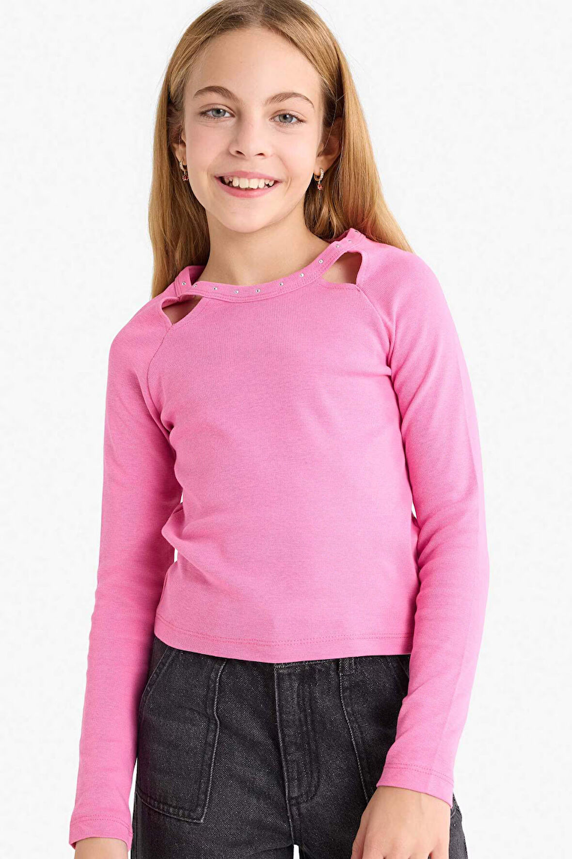 Kız Çocuk Slim Fit Dar Kesim Taşlı Yaka Baskılı Fitilli Kaşkorse Uzun Kollu Tişört