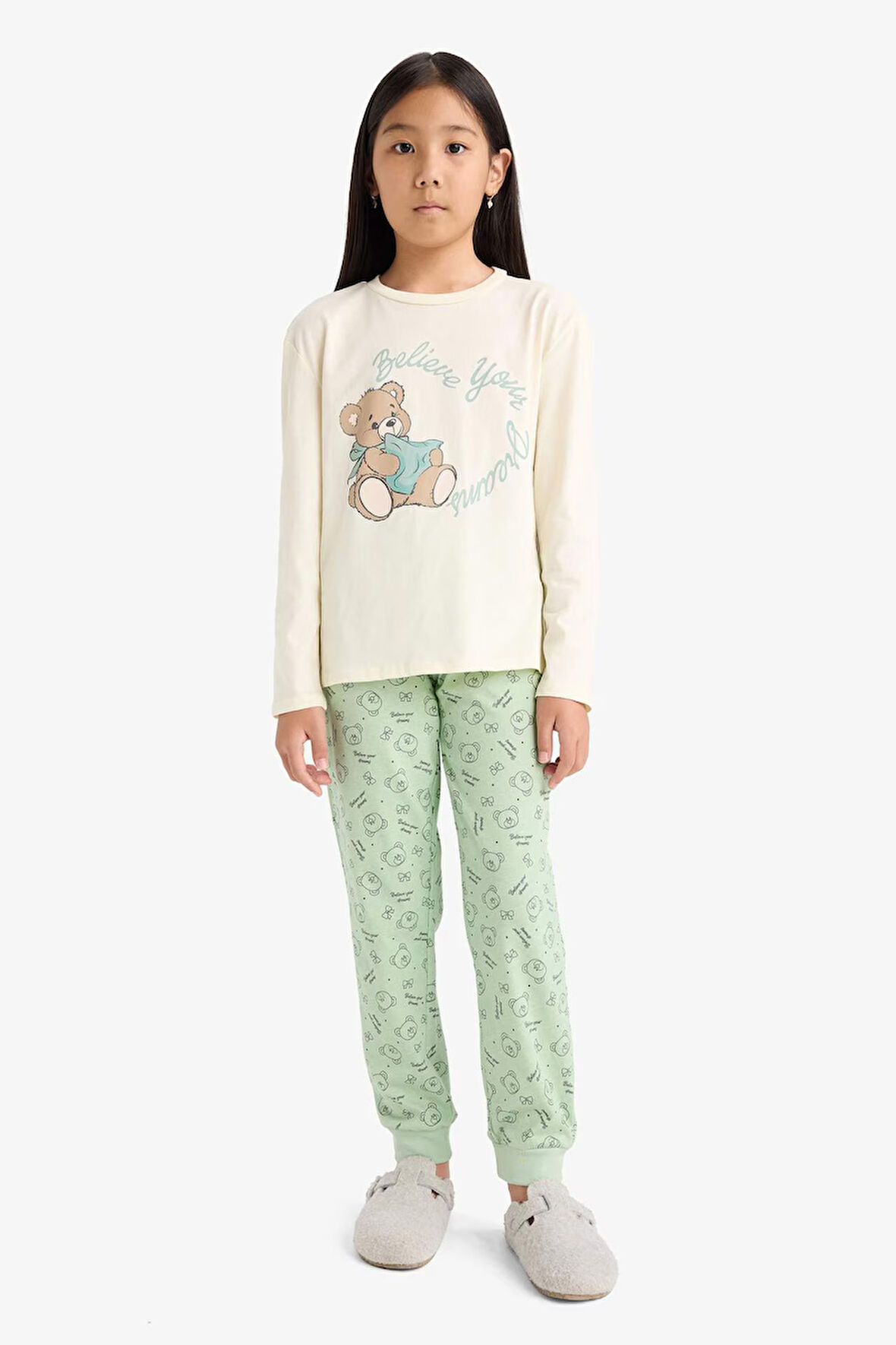 Kız Çocuk Pijama Takımı Baskılı Uzun Kollu Üst Desenli Uzun Alt