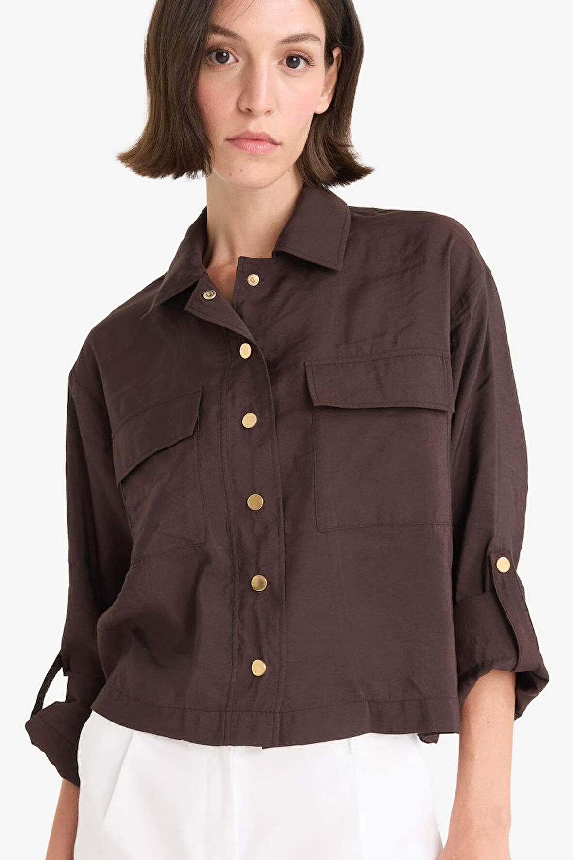 Regular Fit Gömlek Yaka Keten Karışımlı Beli Lastikli İnce Ceket