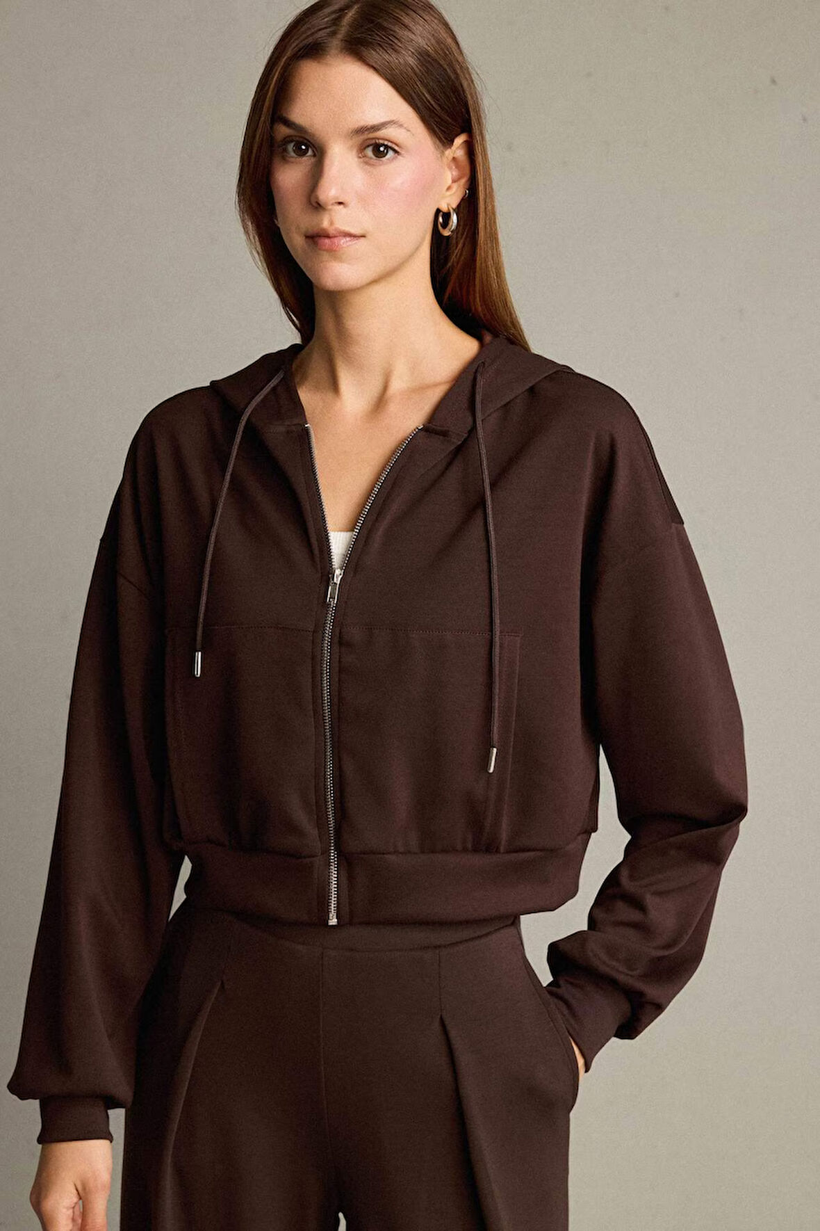 Kapüşonlu Modal Fermuarlı Sweatshirt