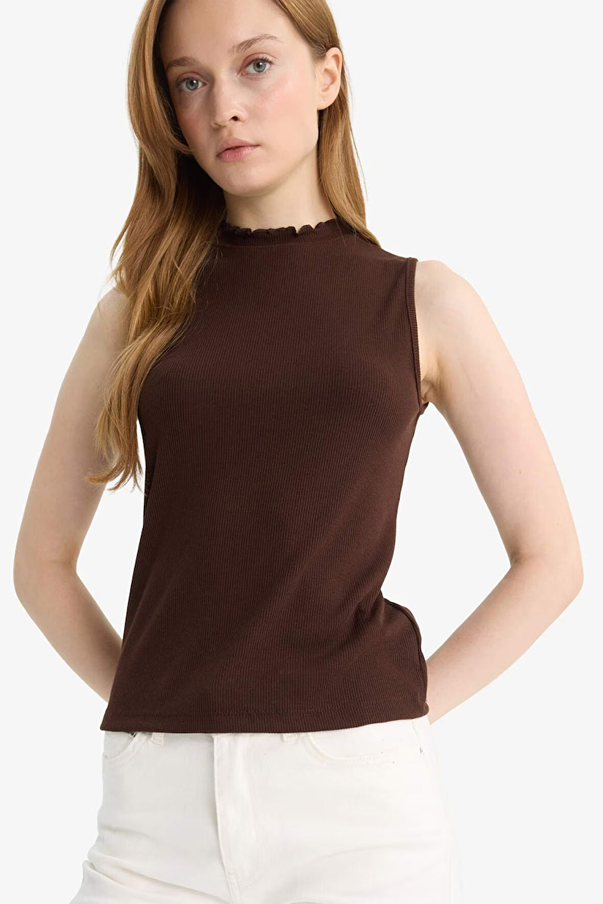 Slim Fit Dar Kesim Yarım Balıkçı Yaka Fitilli Kaşkorse Kolsuz Tunik 