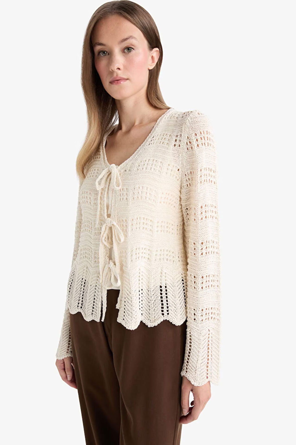 Regular Fit V Yaka Önden Bağlamalı Ajurlu Triko Hırka