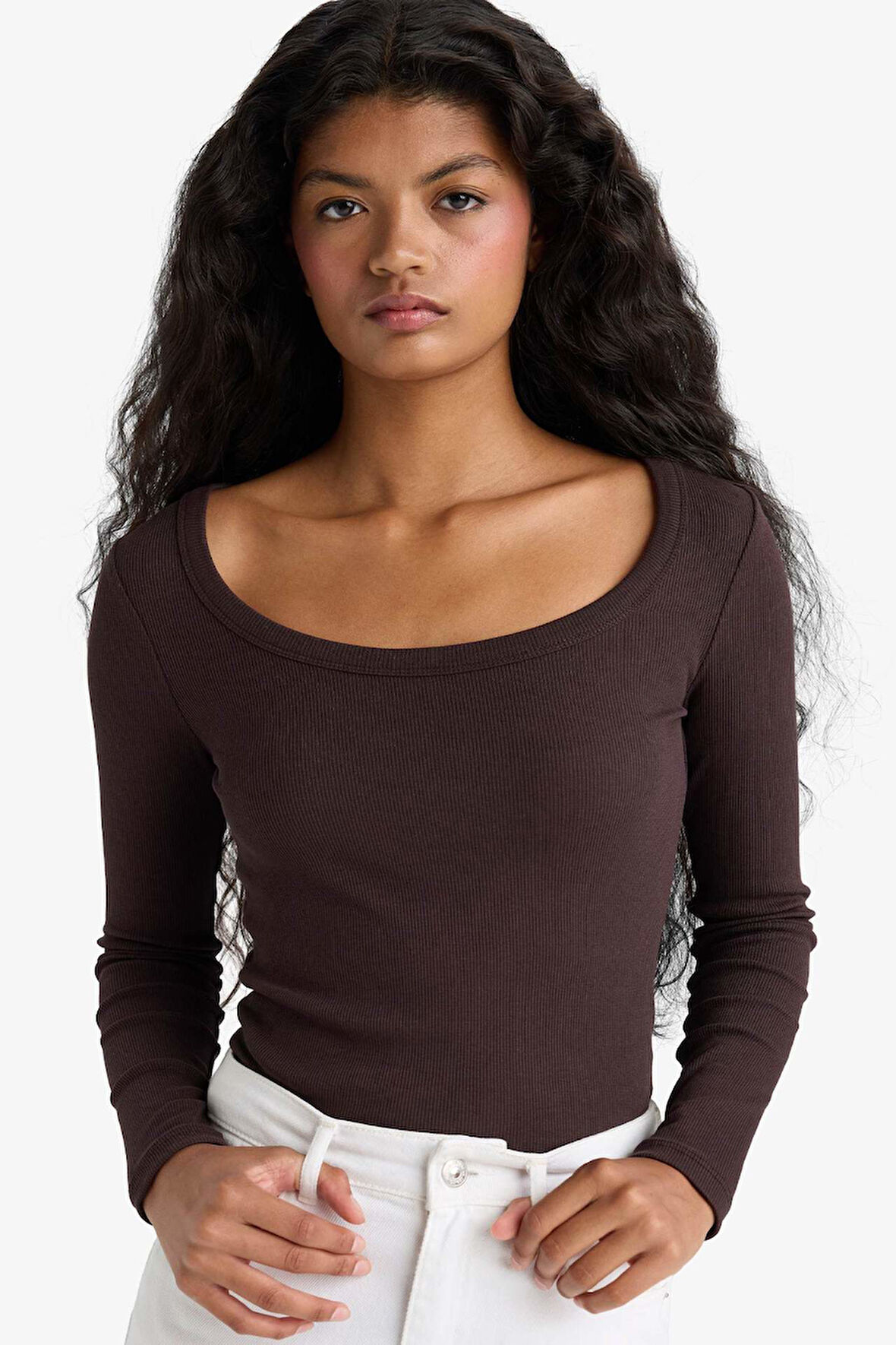 Slim Fit Dar Kesim Yuvarlak Yaka Basic Düz Fitilli Kaşkorse Uzun Kollu Tişört