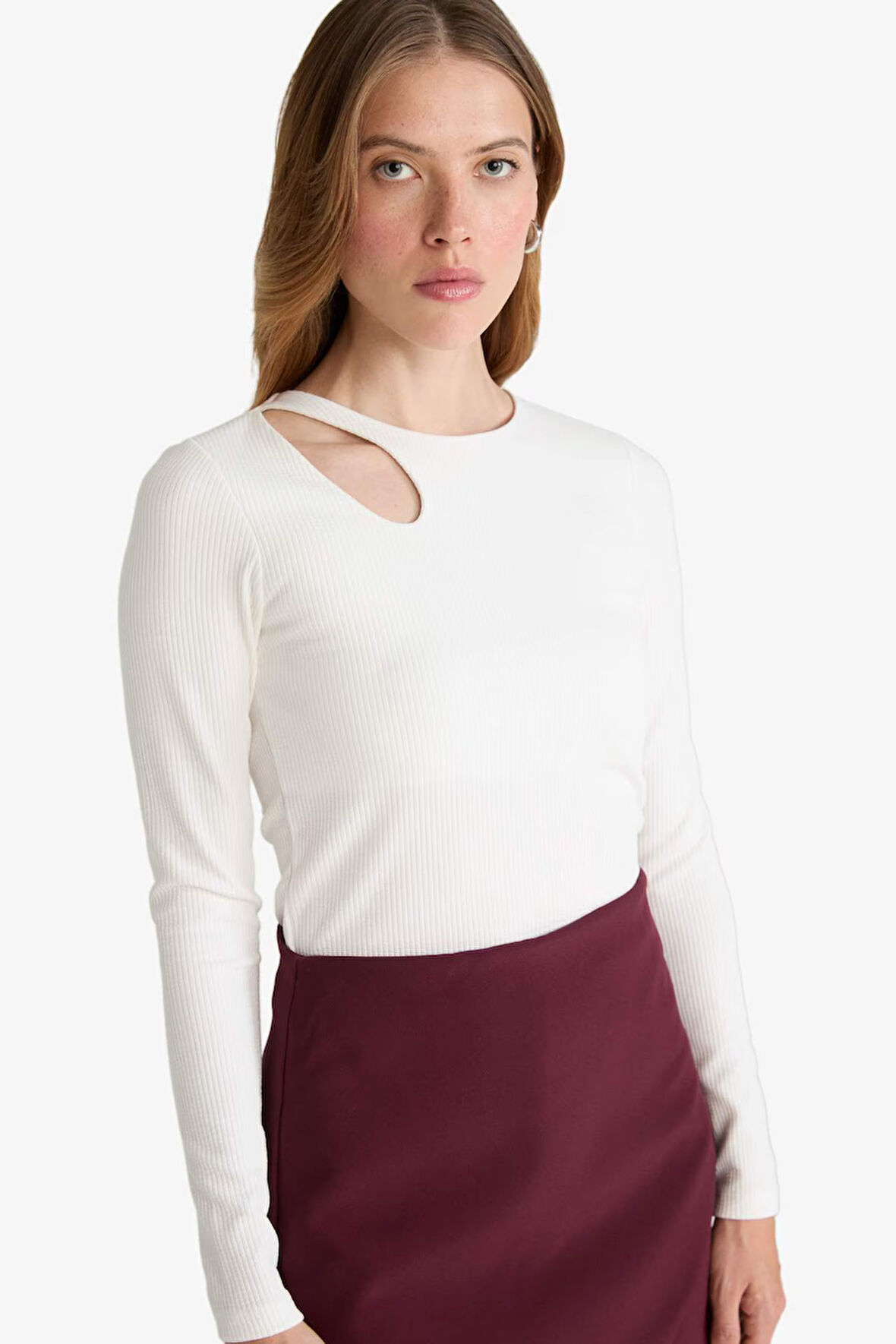 Slim Fit Dar Kesim Bisiklet Yaka Fitilli Kaşkorse Uzun Kollu Tişört