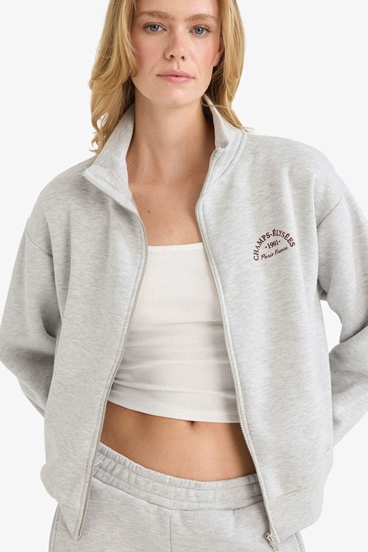 Relax Fit Yarım Balıkçı Yaka Baskılı Kalın Fermuarlı Sweatshirt 