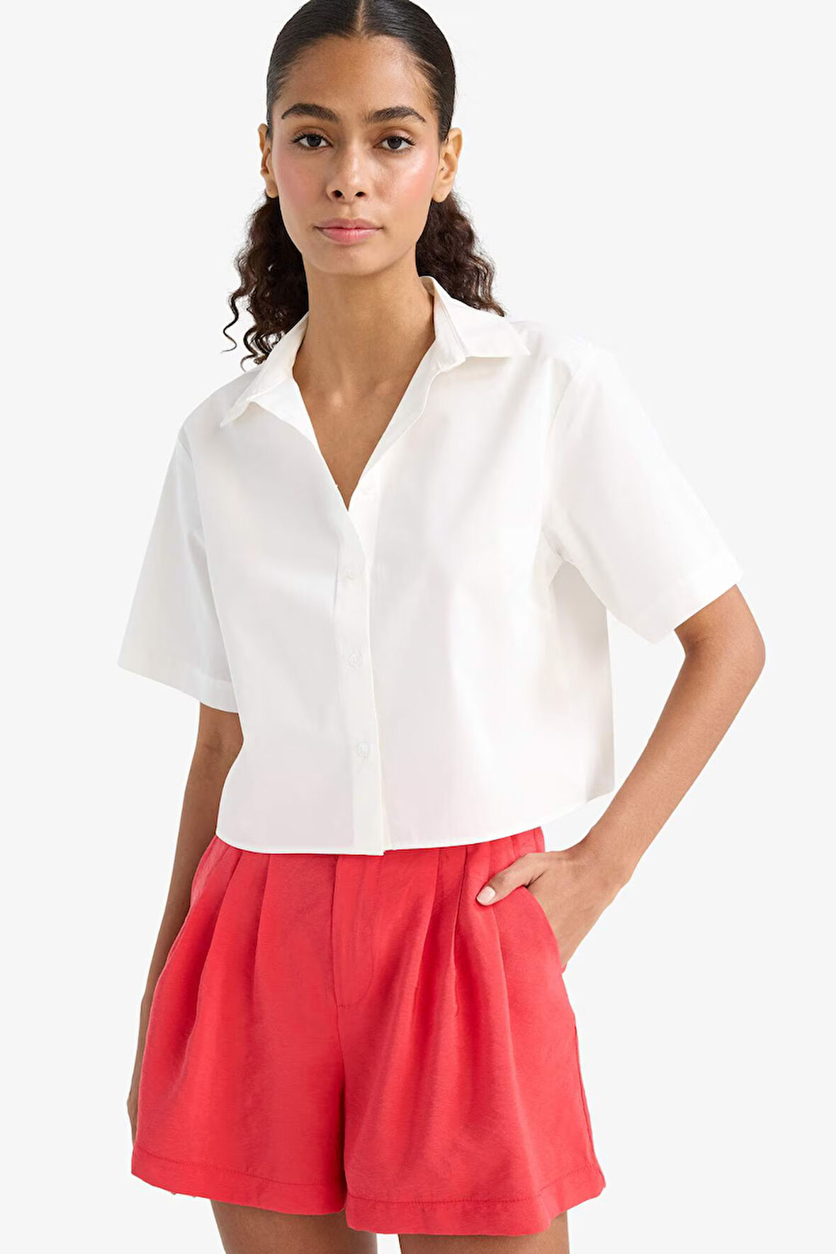 Regular Fit Gömlek Yaka Poplin Kısa Kollu Gömlek